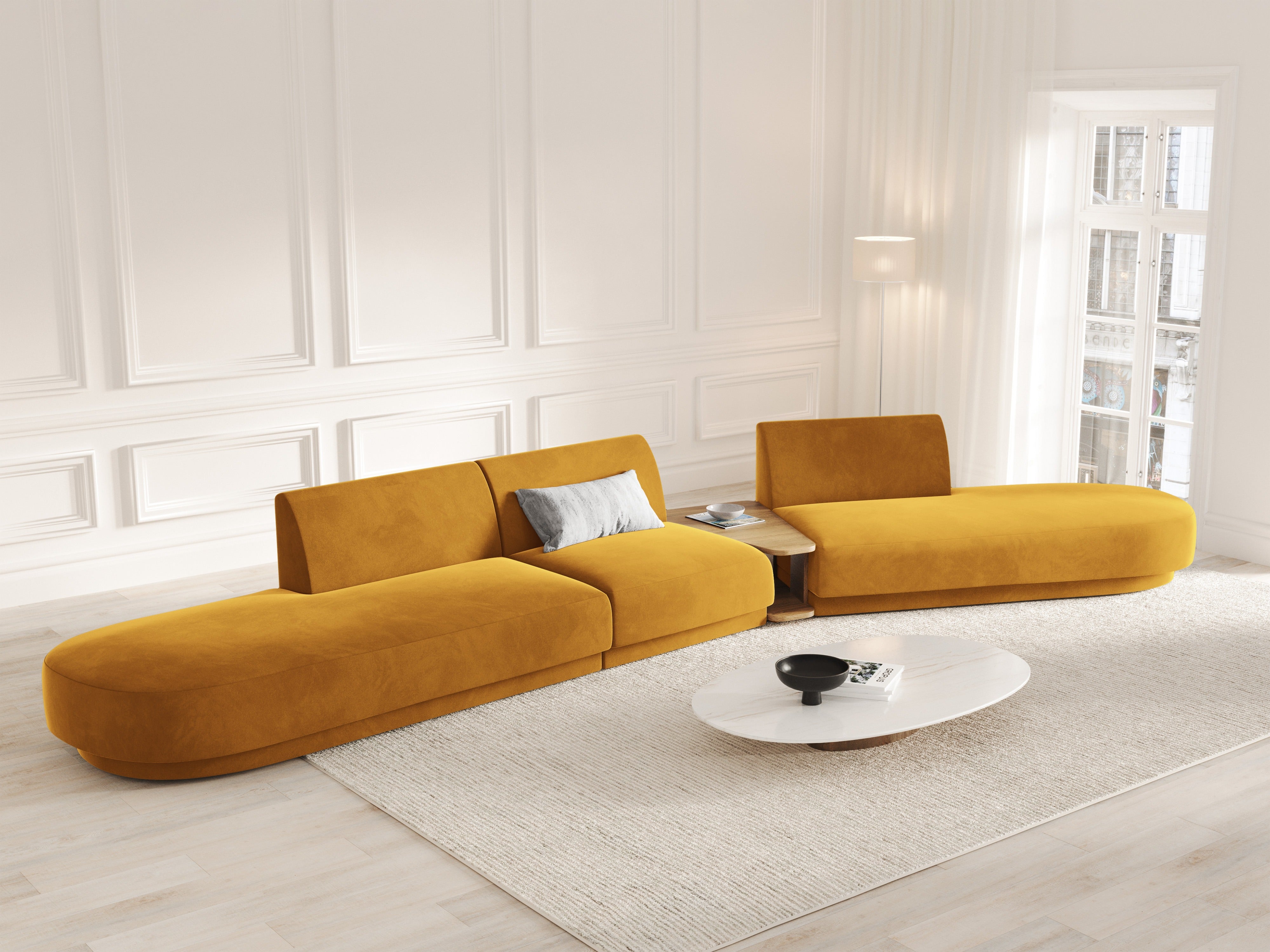Right-facing modular sofa with table, 5-seater, velvet MILEY, yellow