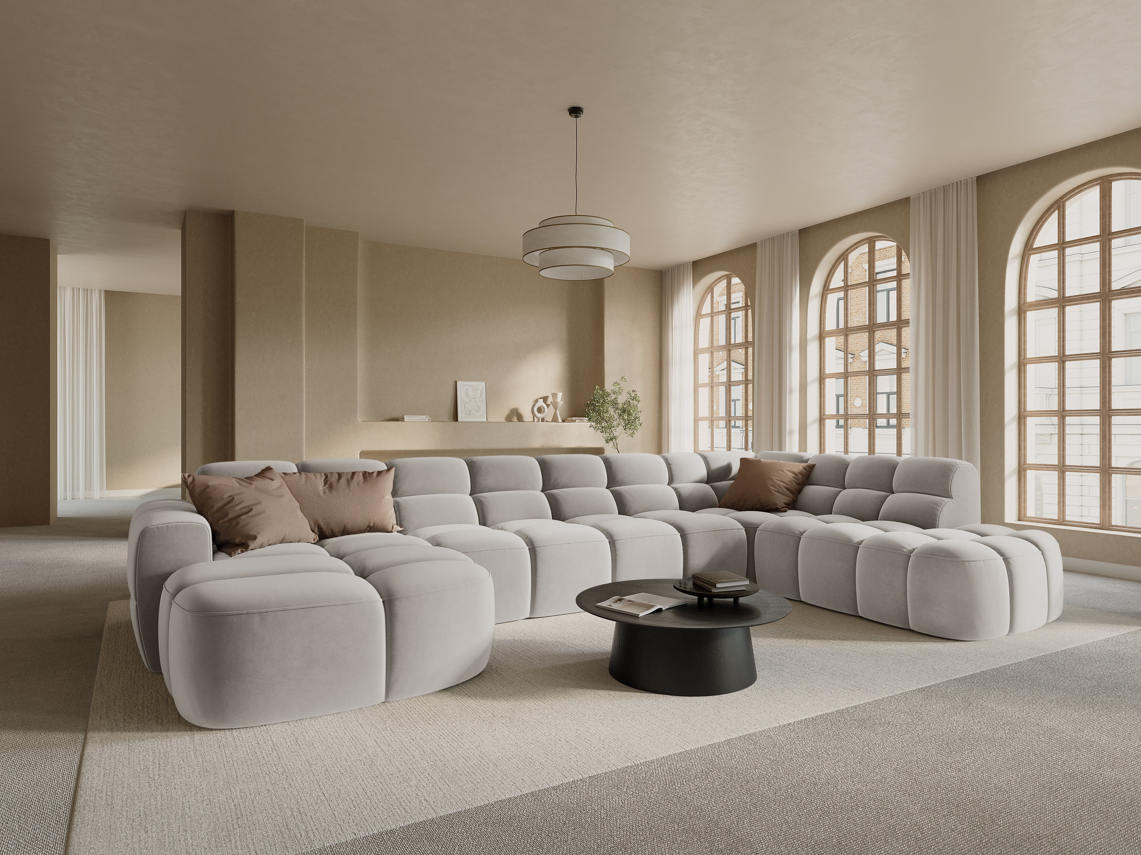 Right-facing panoramic corner sofa LISA sand chenille