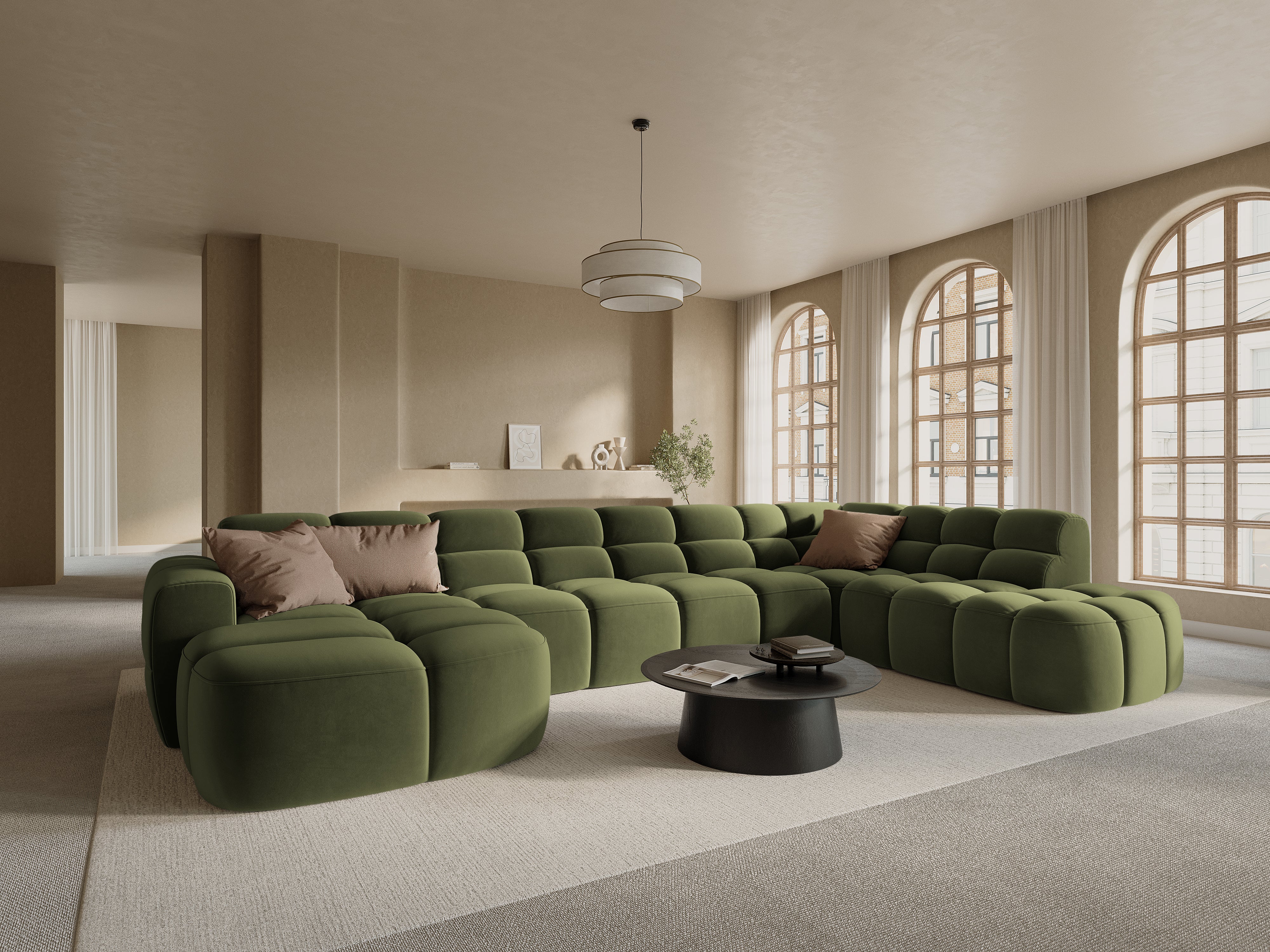 Right-facing panoramic corner sofa LISA green chenille