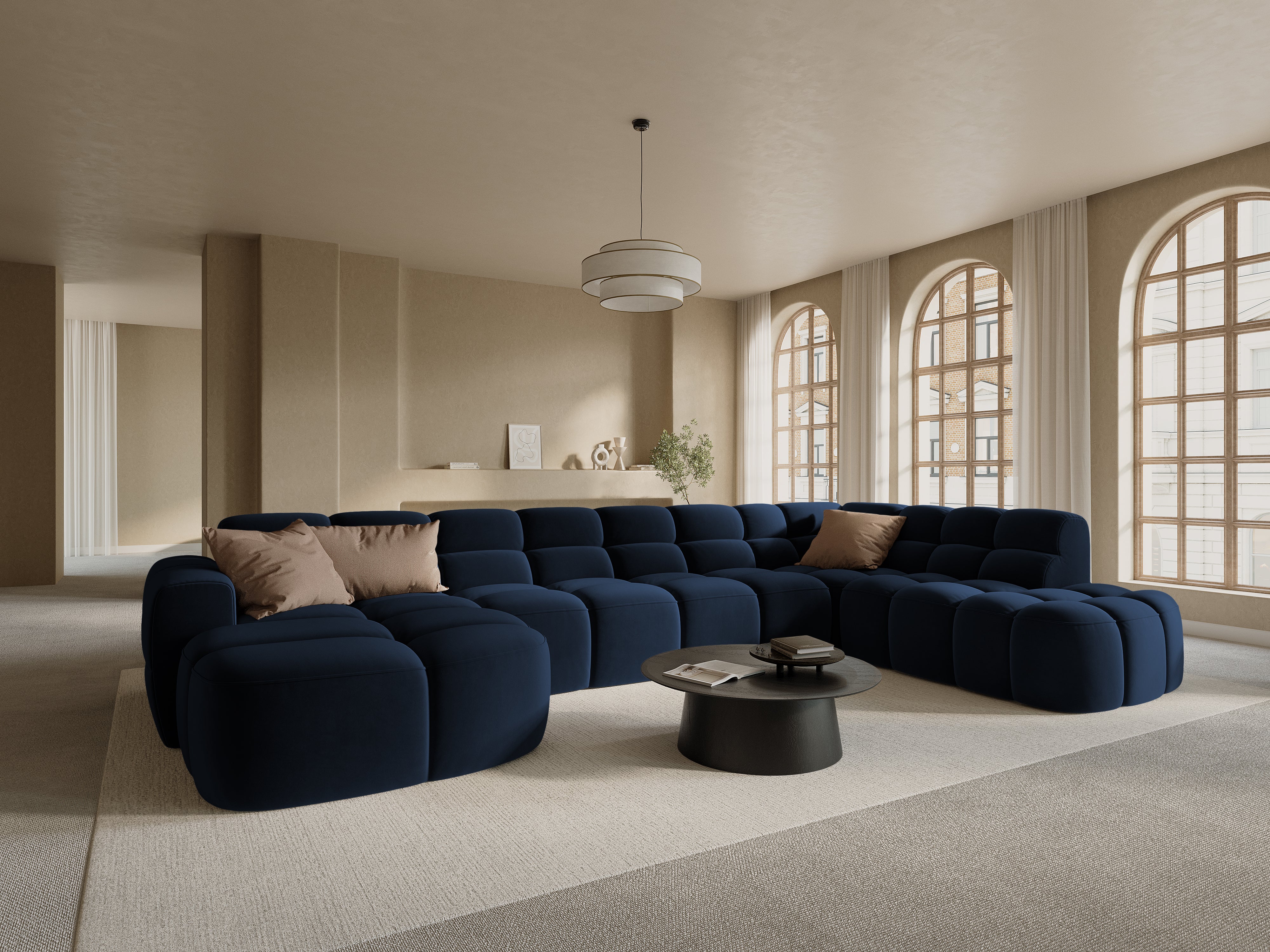 Right-facing panoramic corner sofa LISA light blue chenille