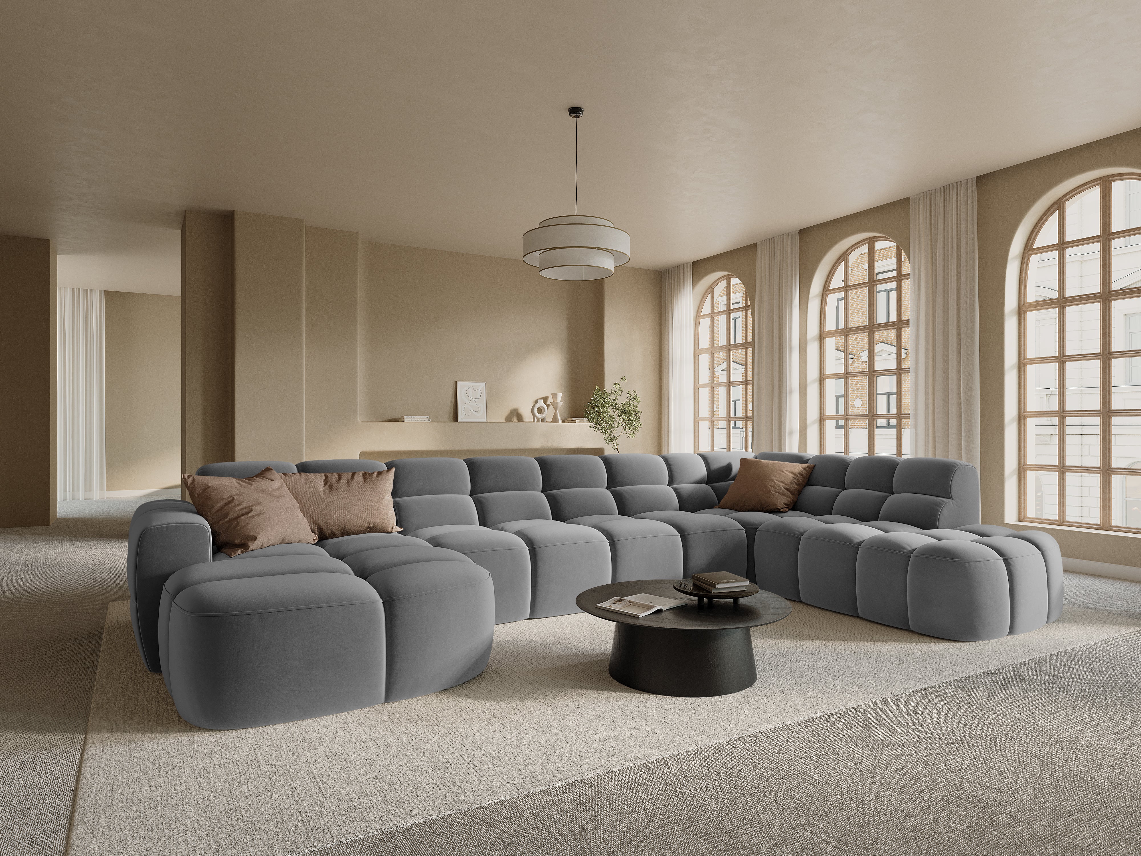 Right-facing panoramic corner sofa LISA gray chenille