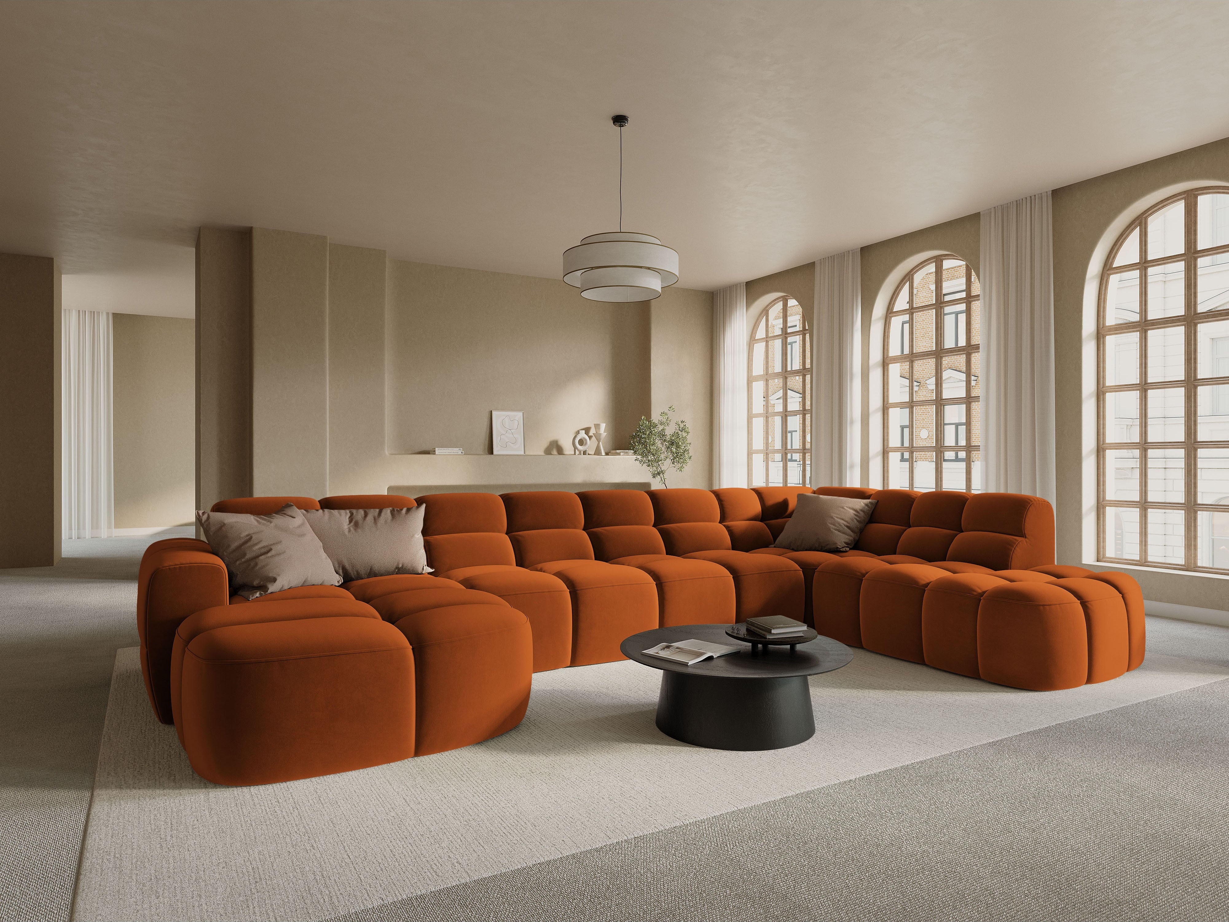 Right-facing panoramic corner sofa LISA terracotta chenille
