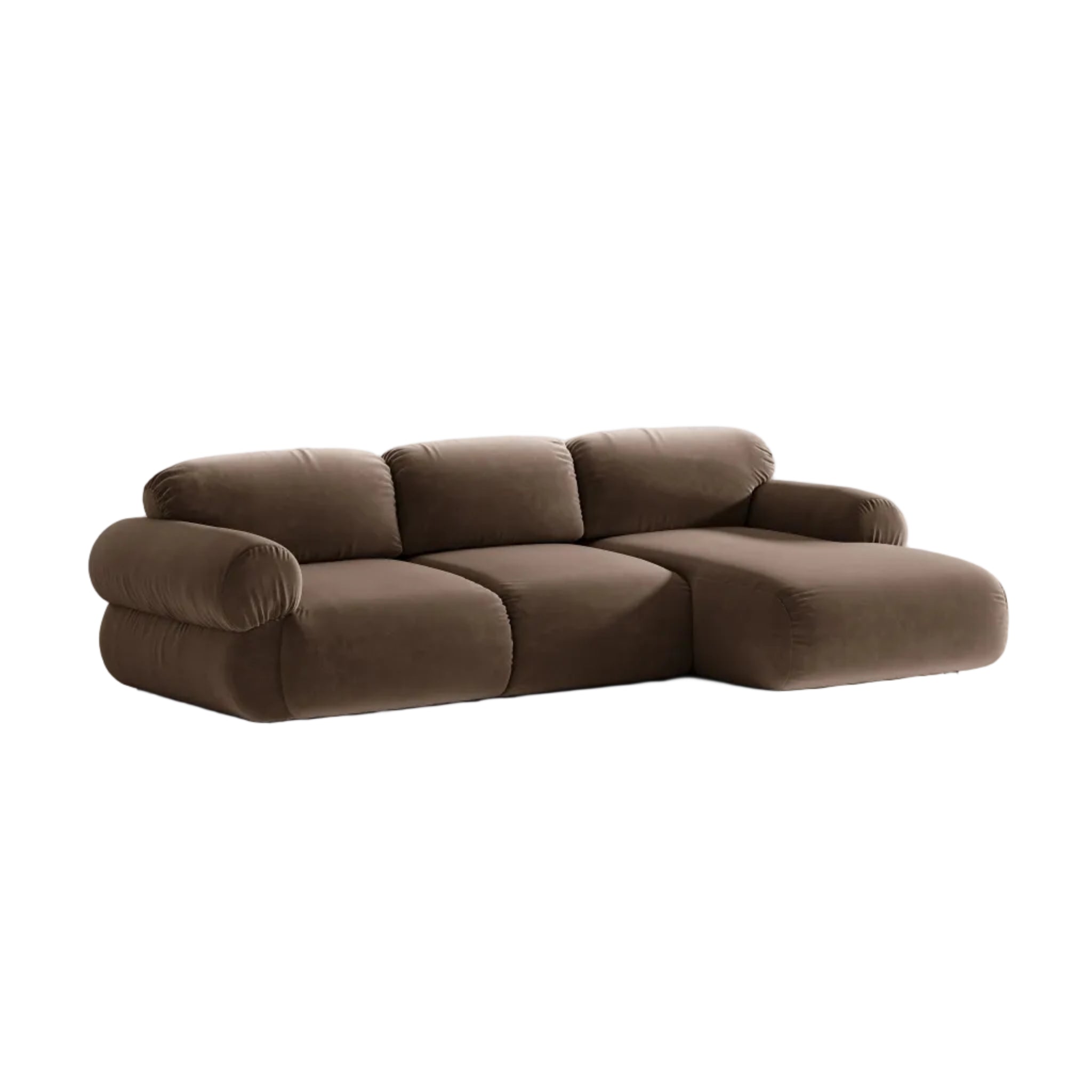 3-sitziges, samtweiches Ecksofa OPHELIA in Schokoladenfarbe, rechtsseitig.