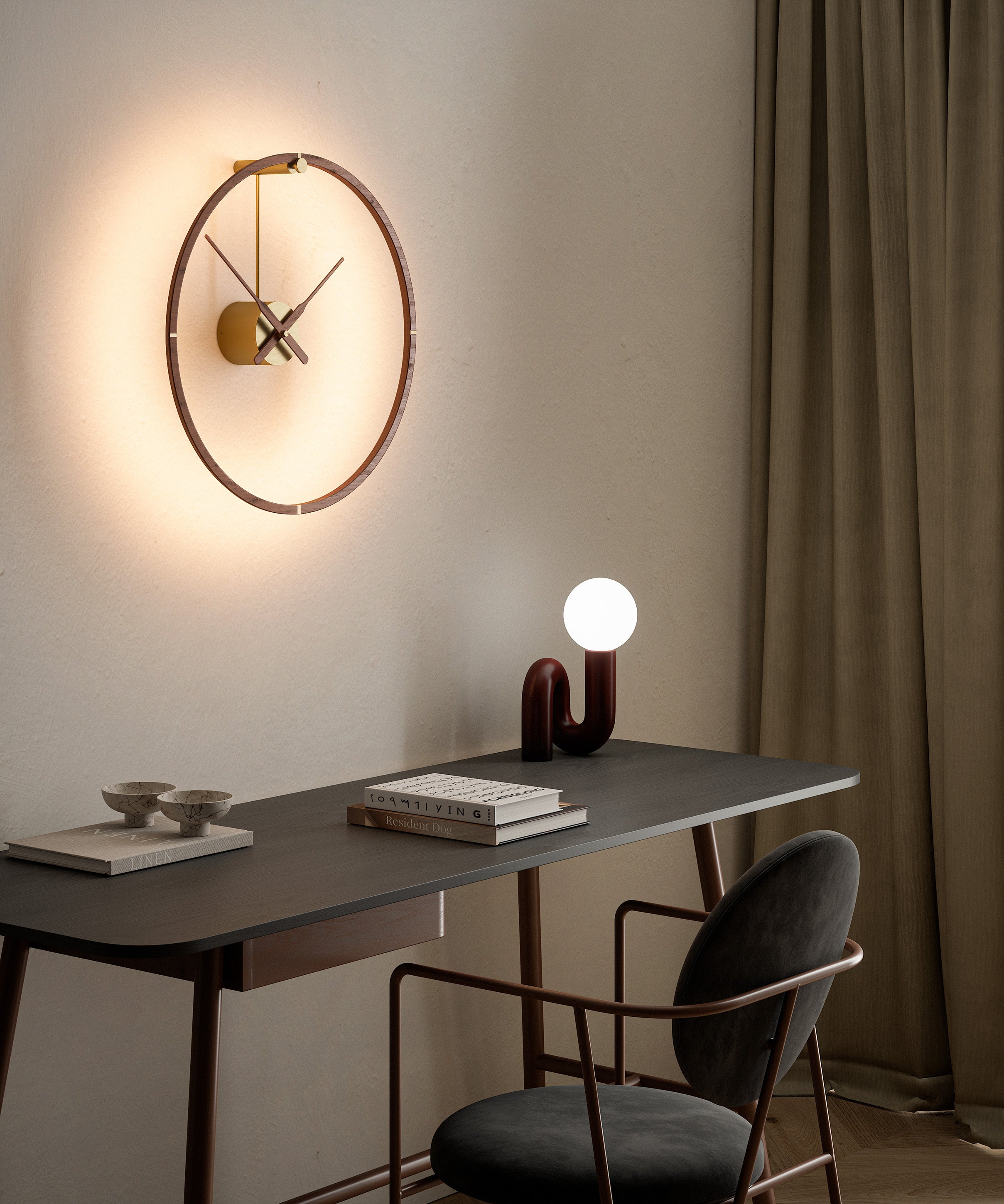 Illuminated Clock OMBRA MINI PREMIUM walnut wood with gold