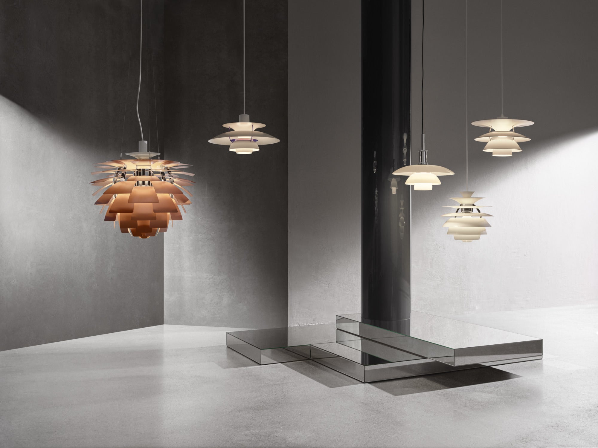 Pendelleuchte PH SNOWBALL schmutzig grün mit verchromter Oberfläche