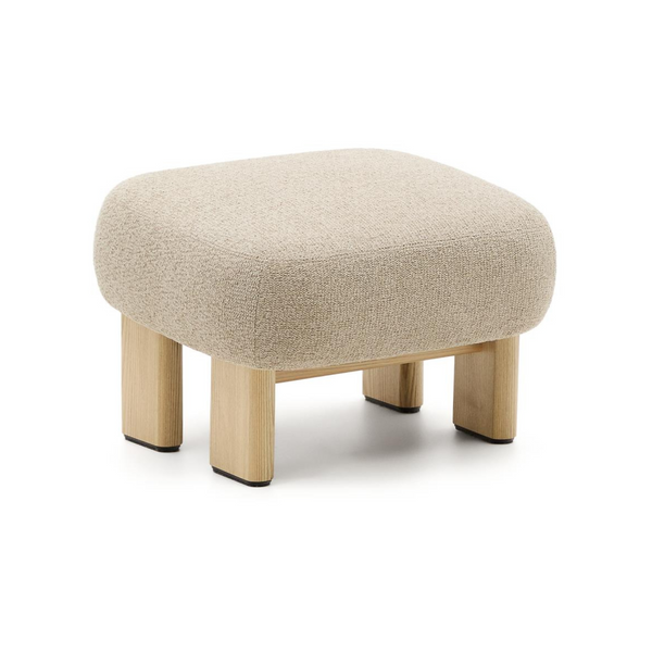 NEMA Beigefarbener Chenille-Pouf mit Eschenholzsockel