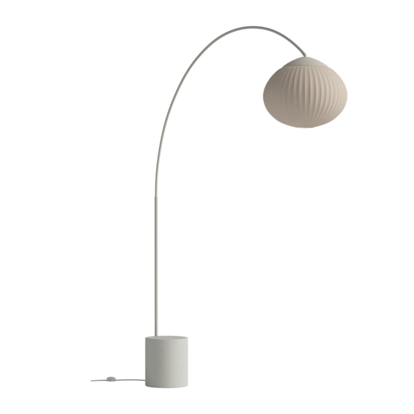 Eichelbodenlampe Beige mit einer Basis aus grauem Beton