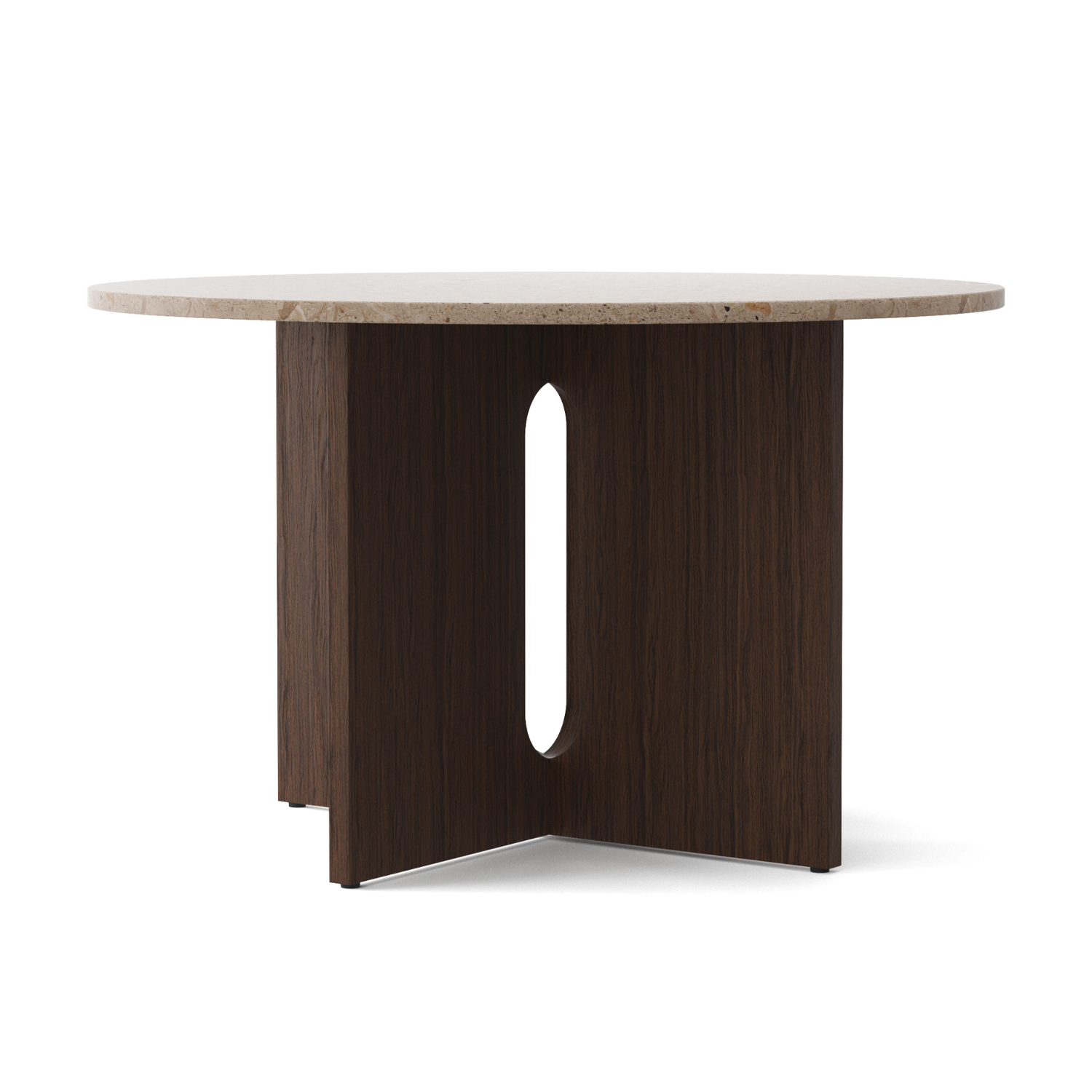 Runder Tisch ANDROGYNE beige Marmor mit dunklem Eichenfuß