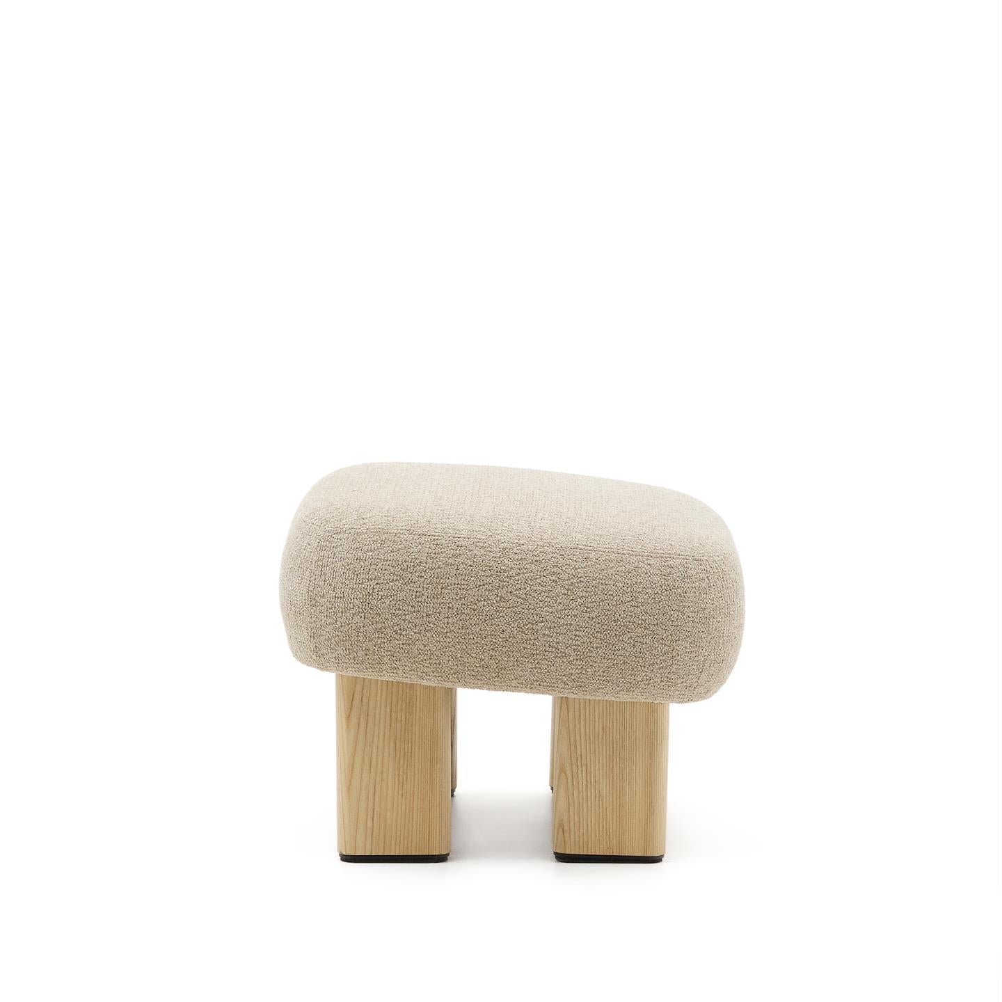 NEMA Beigefarbener Chenille-Pouf mit Eschenholzsockel