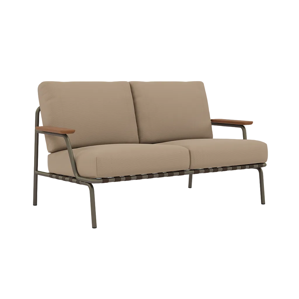 Sofa mit Armlehnen für den Außenbereich 2-sitzig SETTLE braun mit taupefarbener Basis [Amelia]