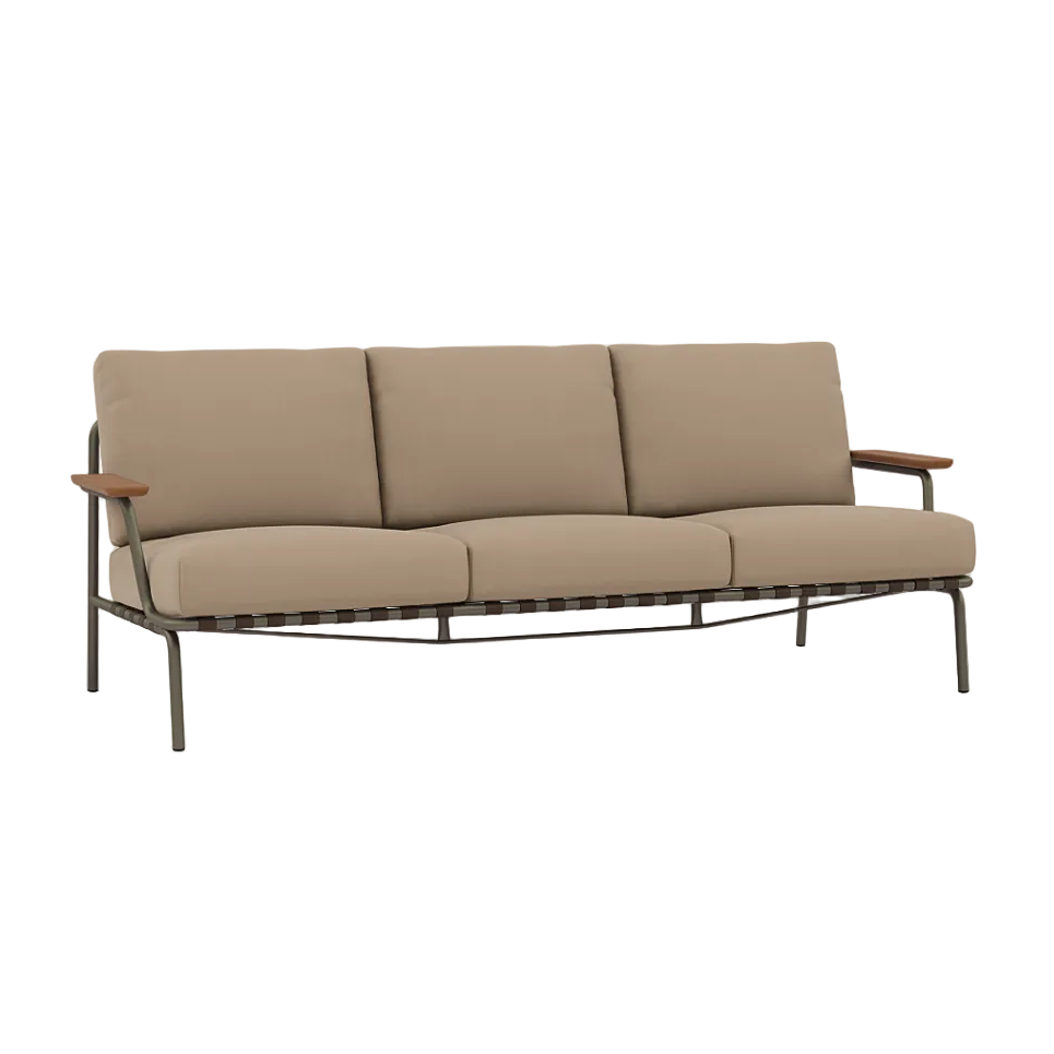 Sofa mit Armlehnen für den Außenbereich 3-sitzig SETTLE braun mit taupefarbener Basis [Amelia]