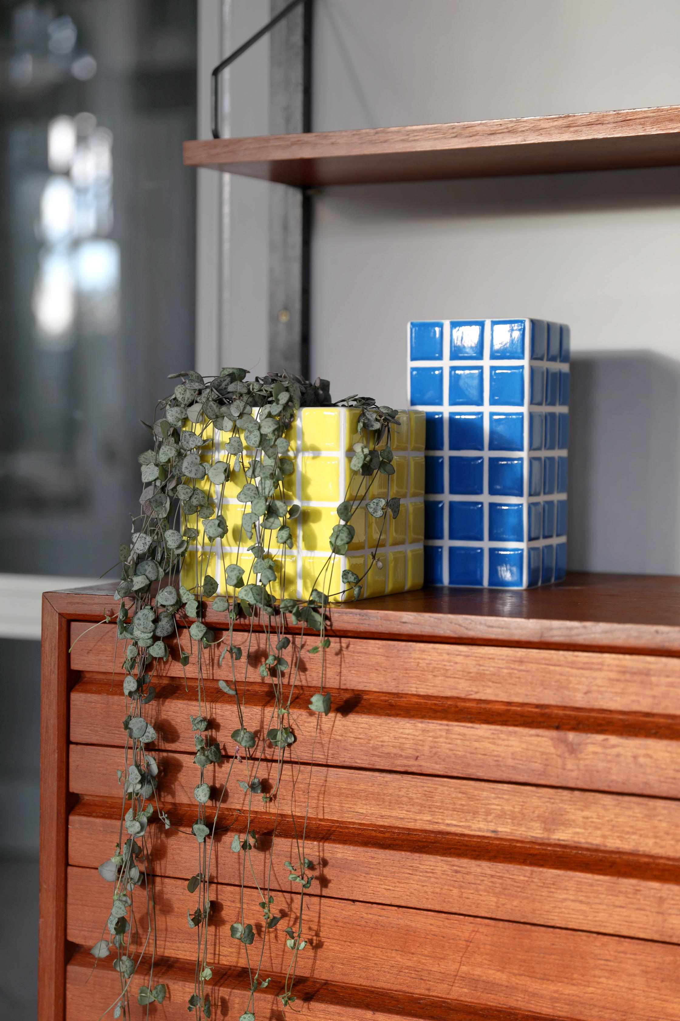 Blumentopf TILE gelb mit Weiß