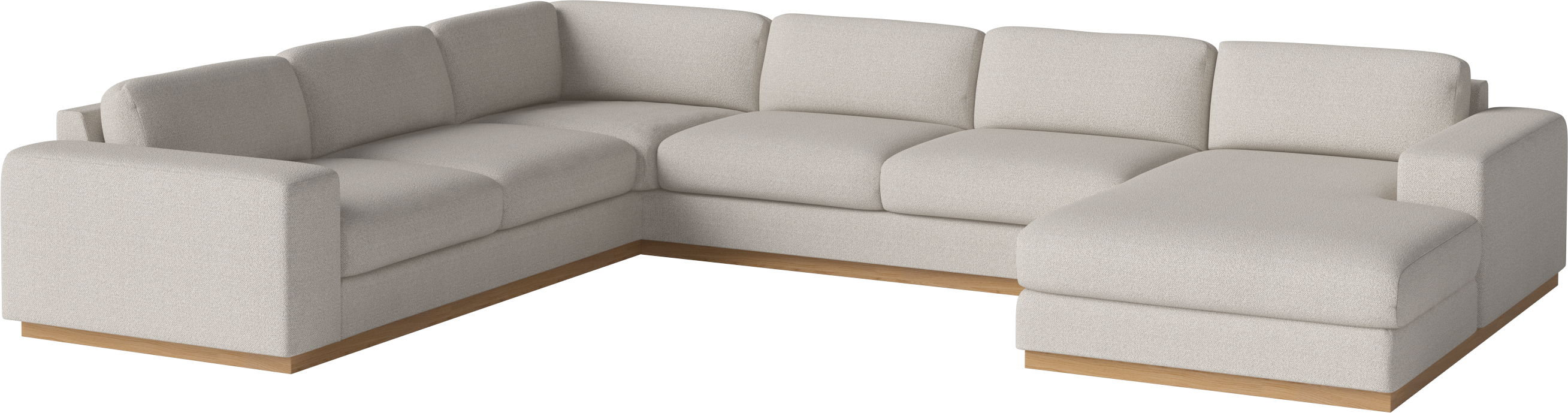 A corner with a sight -sided sepia chaise with an oak base