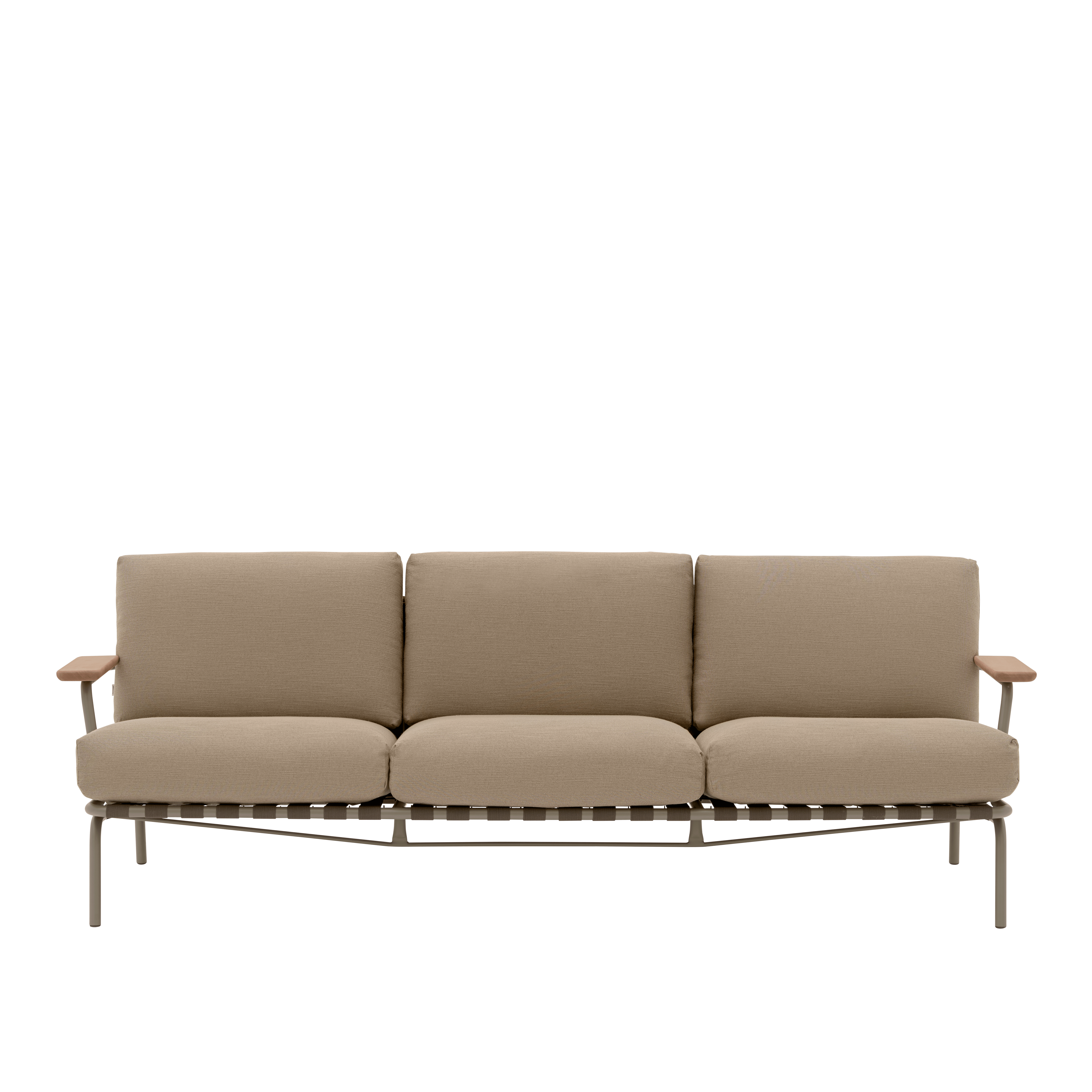 Sofa mit Armlehnen für den Außenbereich 3-sitzig SETTLE braun mit taupefarbener Basis [Amelia]