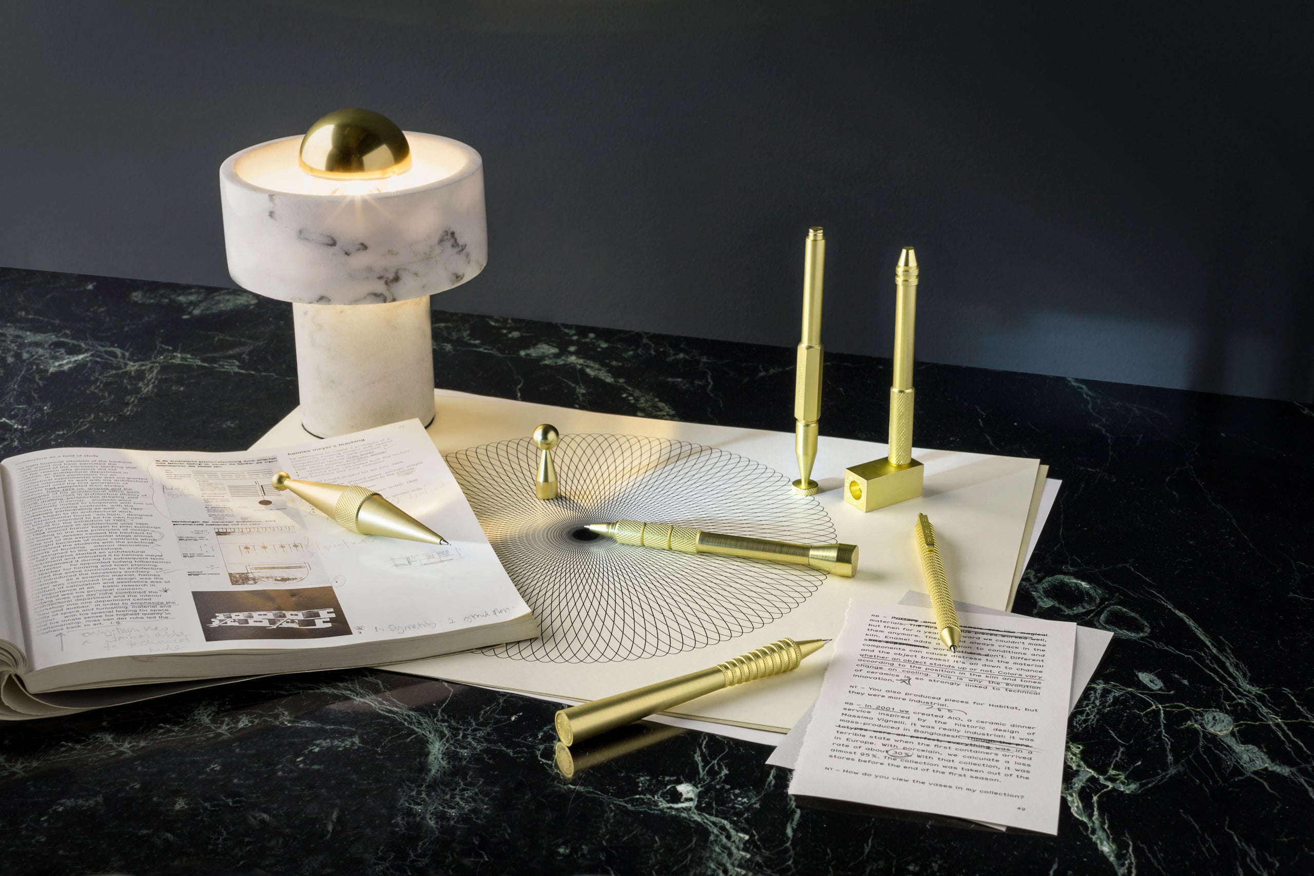 Portable lamp stone marble with golden finish