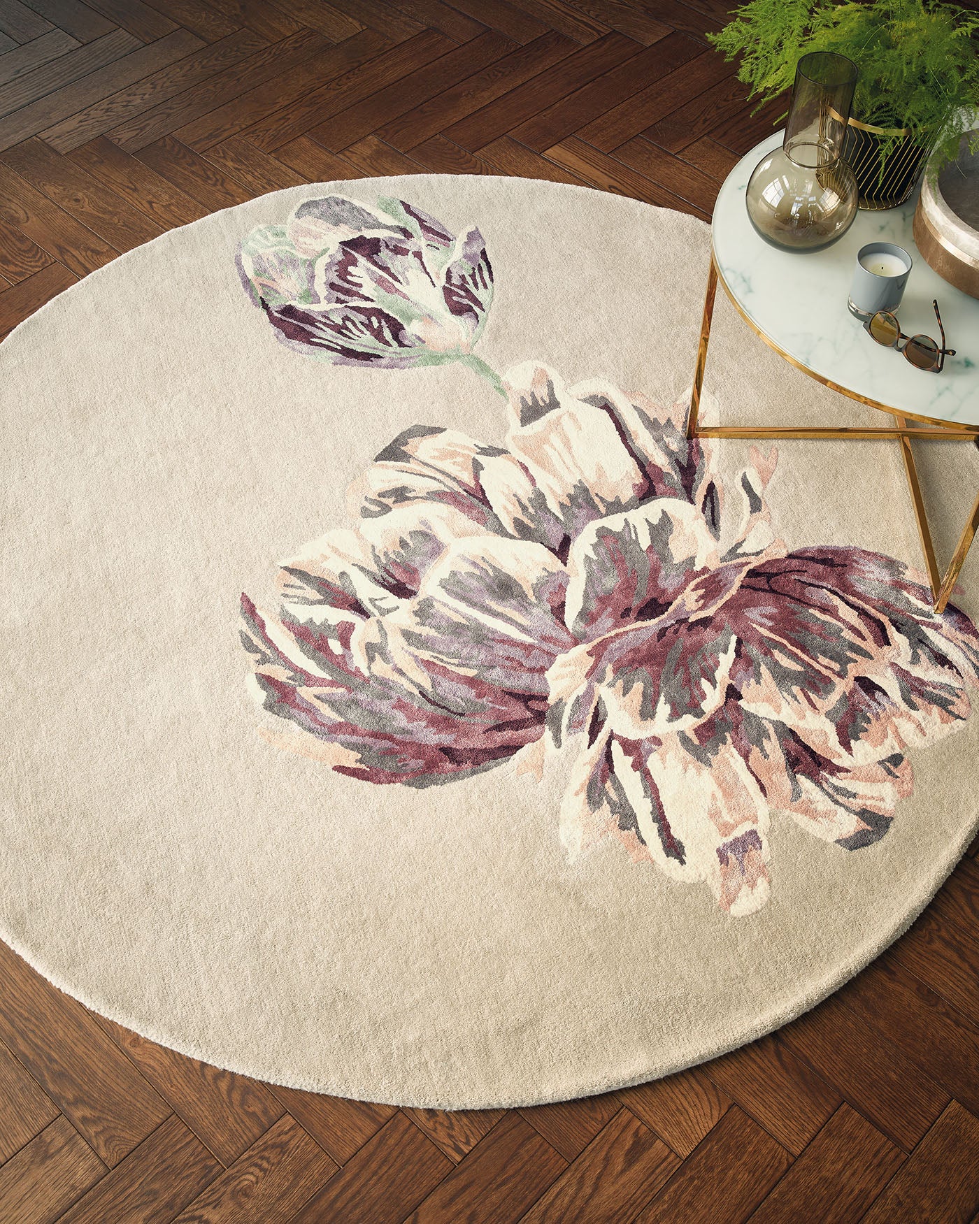 Runder Teppich TRANQUILITY ROUND BEIGE mit lila und beigen Blumen [Monika] [Amelia spr]