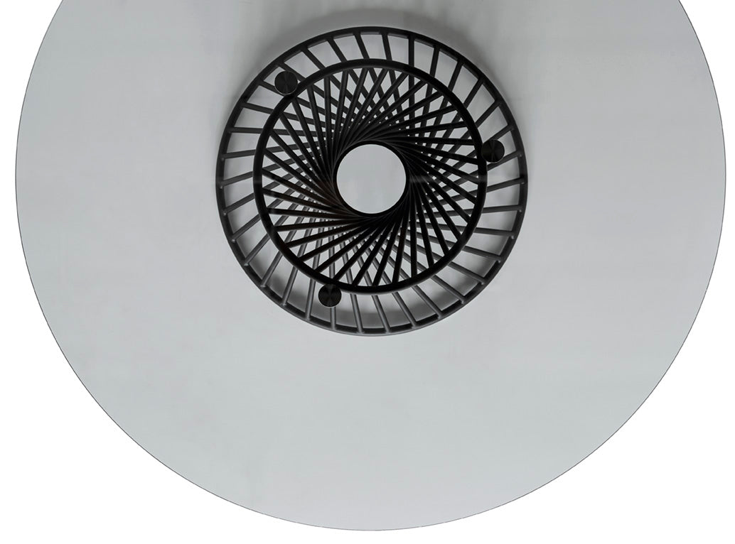 Runder Tisch VORTEX mit rauchigem Glas und schwarzem Gestell