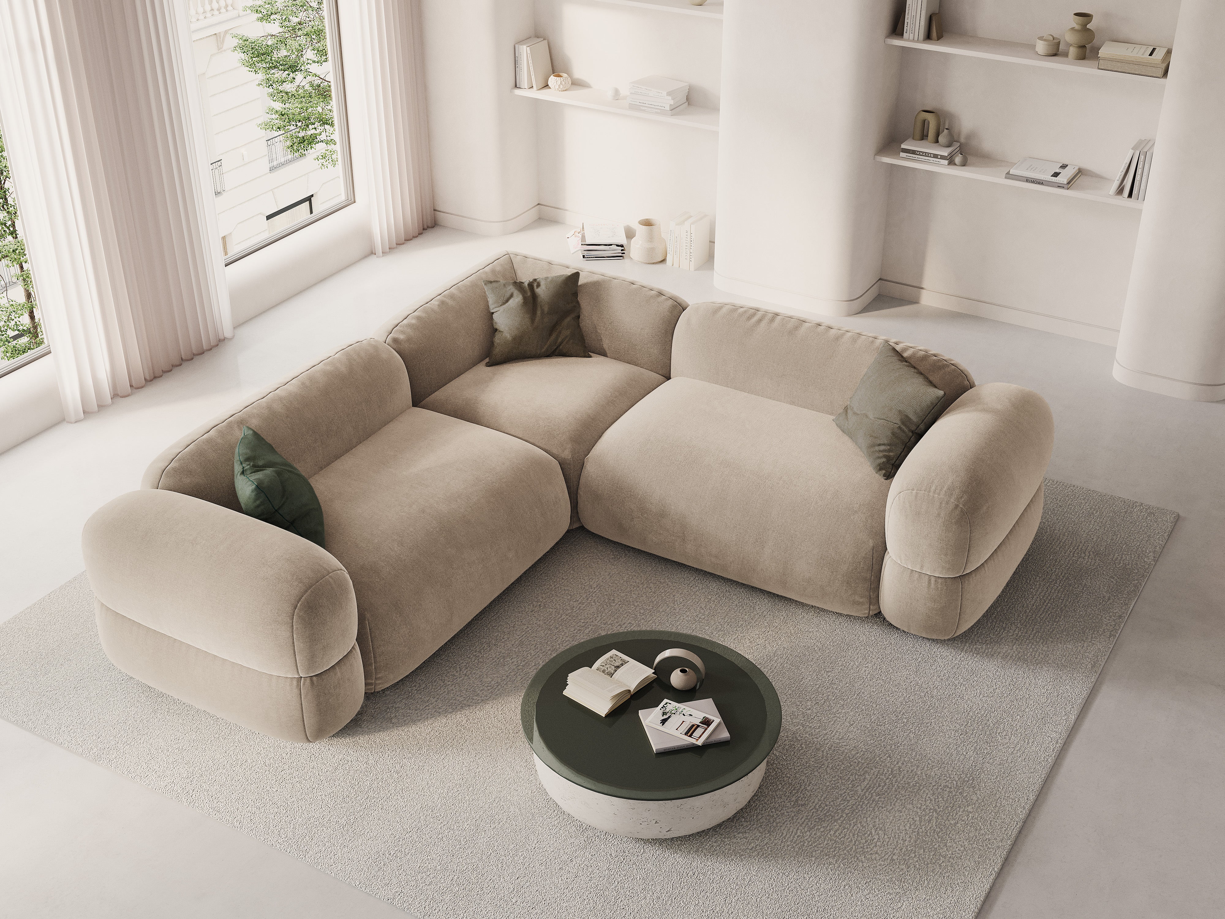 Symmetrische Samt-Eckcouch ROGER hellbeige