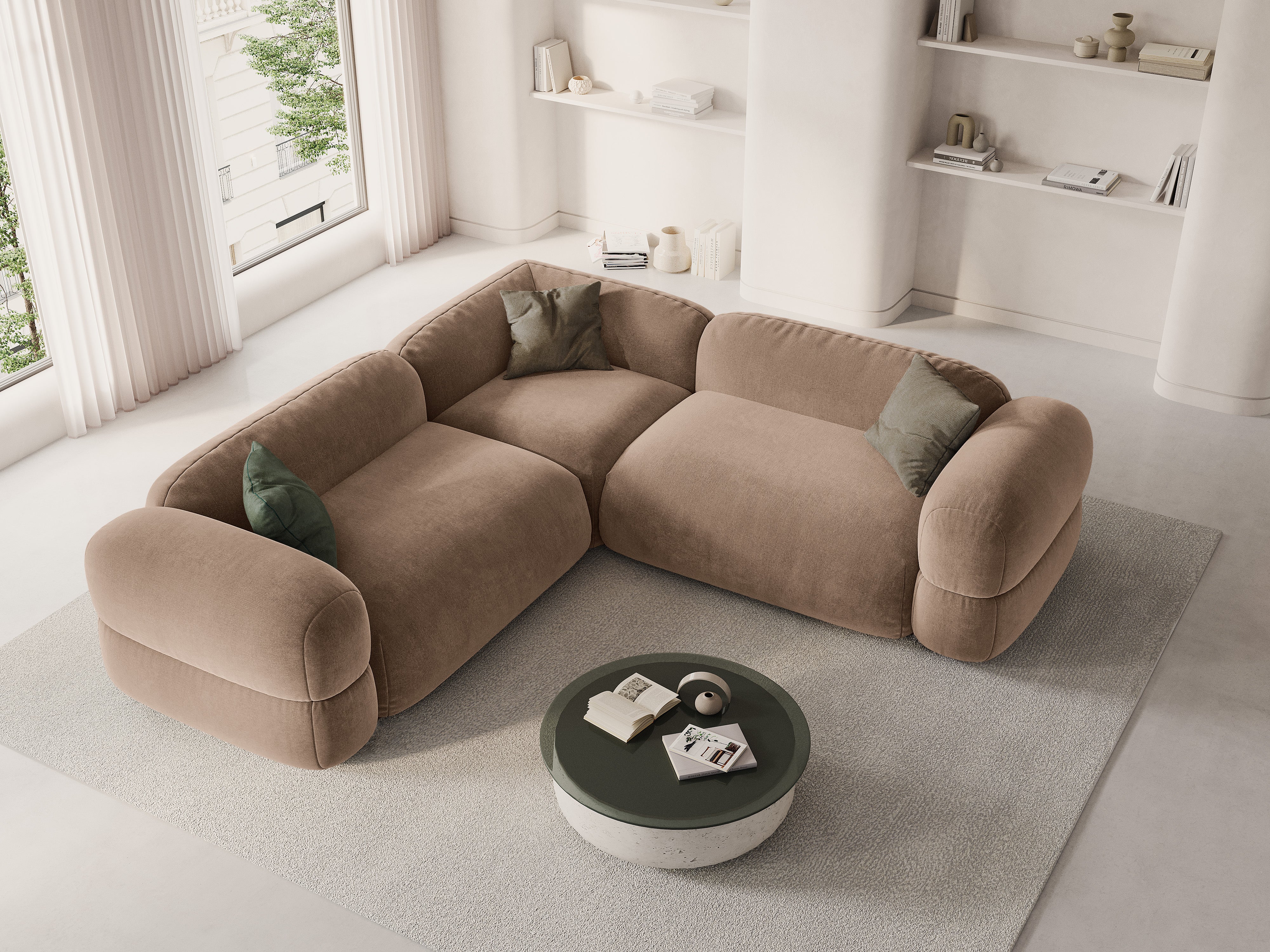 Symmetrische Samt-Eckcouch ROGER dunkelbeige