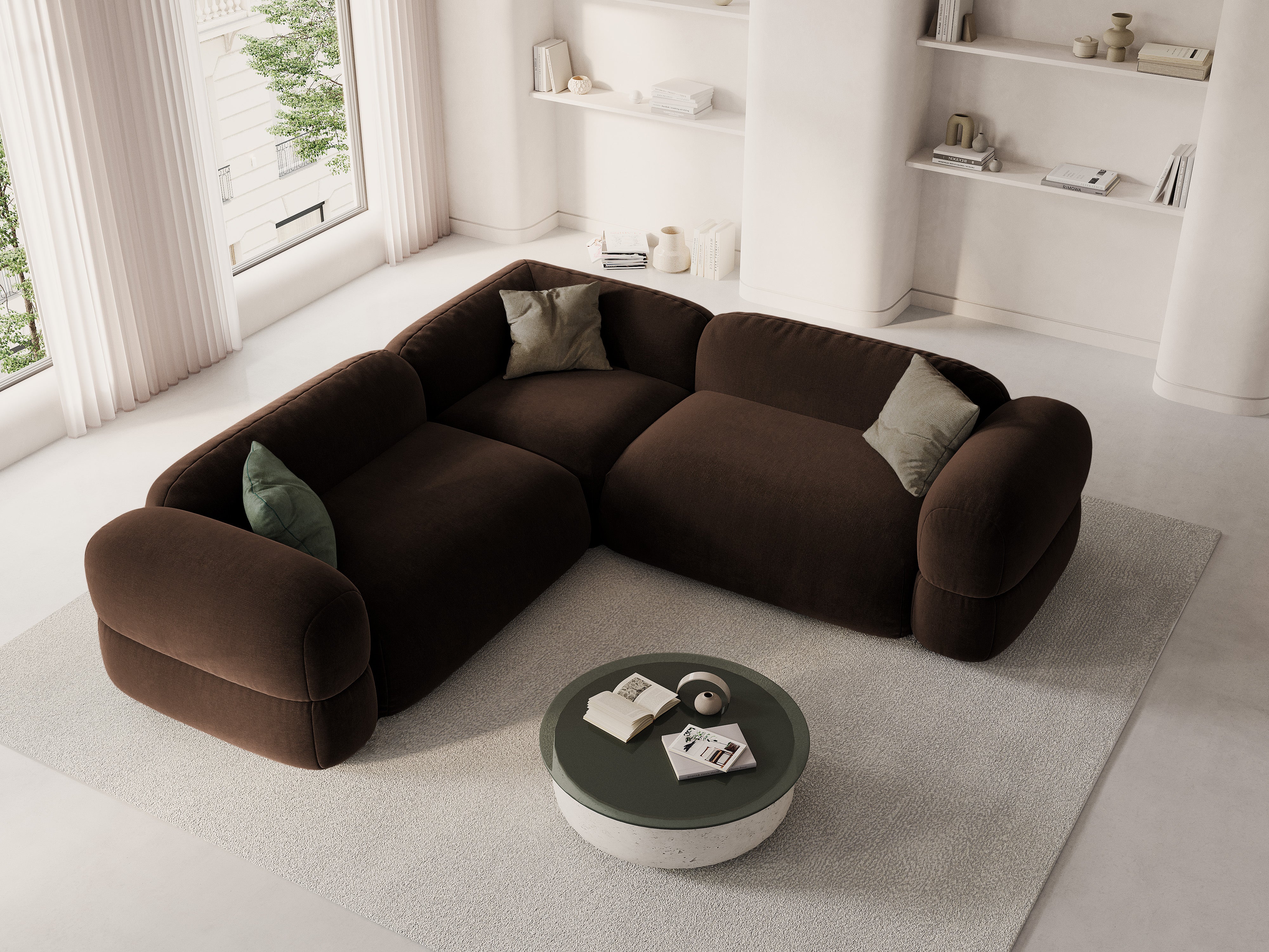 Symmetrische Samt-Eckcouch ROGER in Schokoladenfarbe