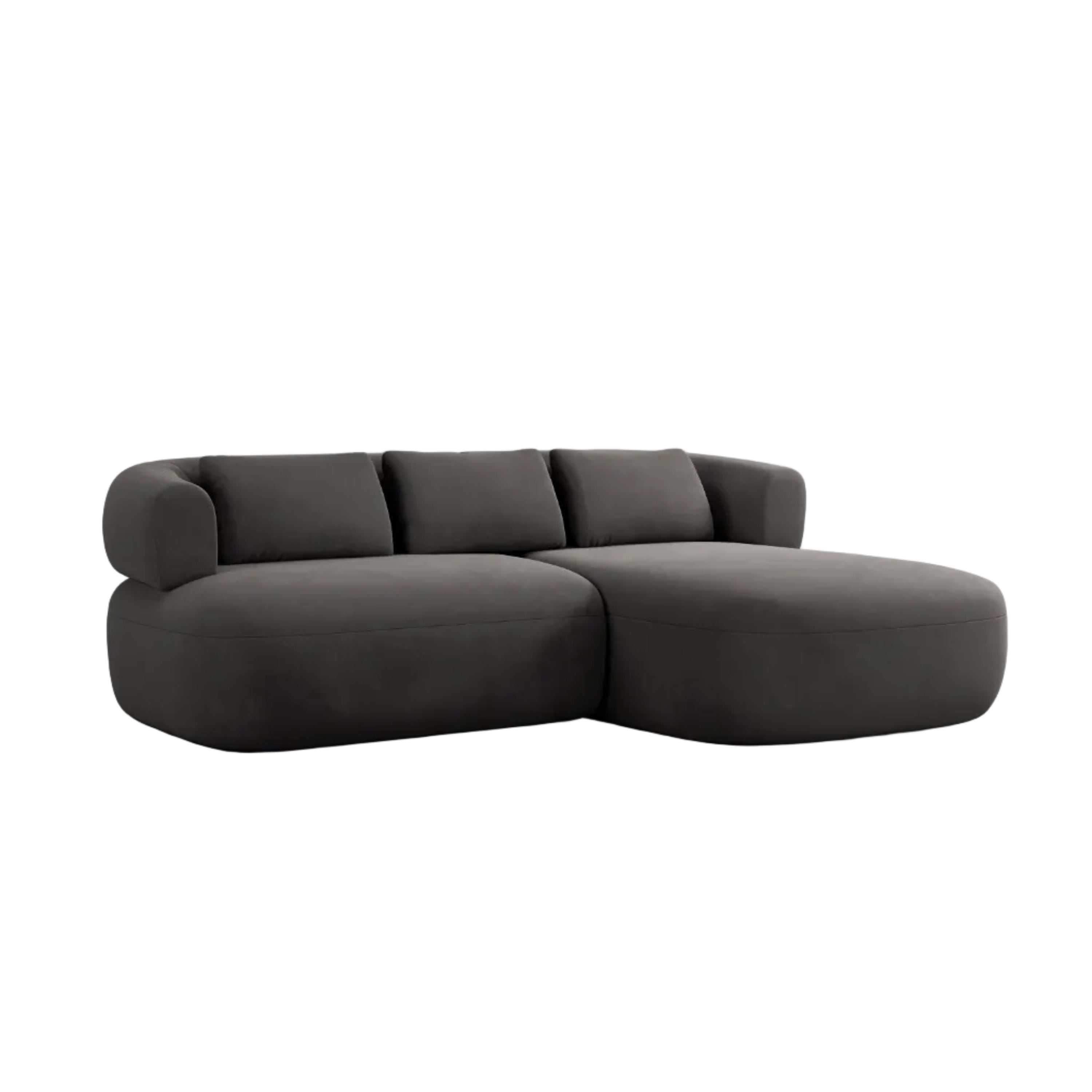 Samt-Ecksofa für zwei Personen, rechtsseitig, ALDRIN in Dunkelgrau.