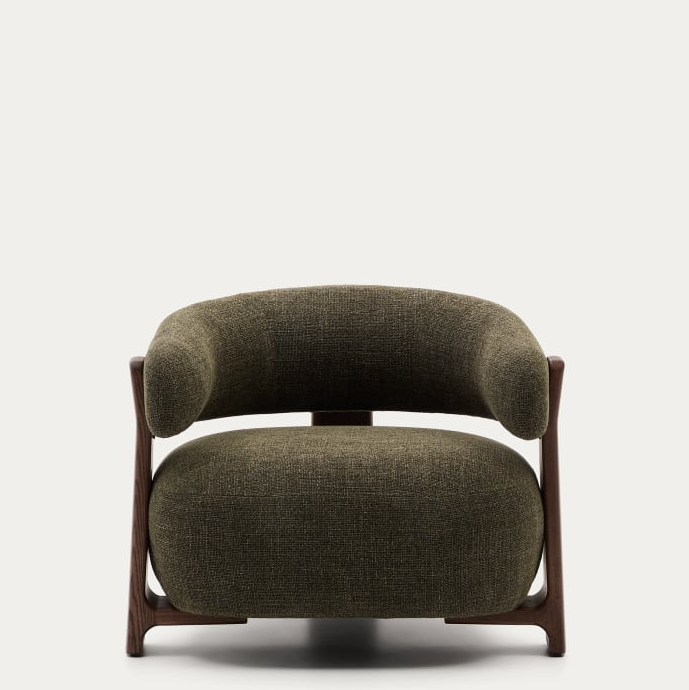 Green green armchair with a dark wooden base