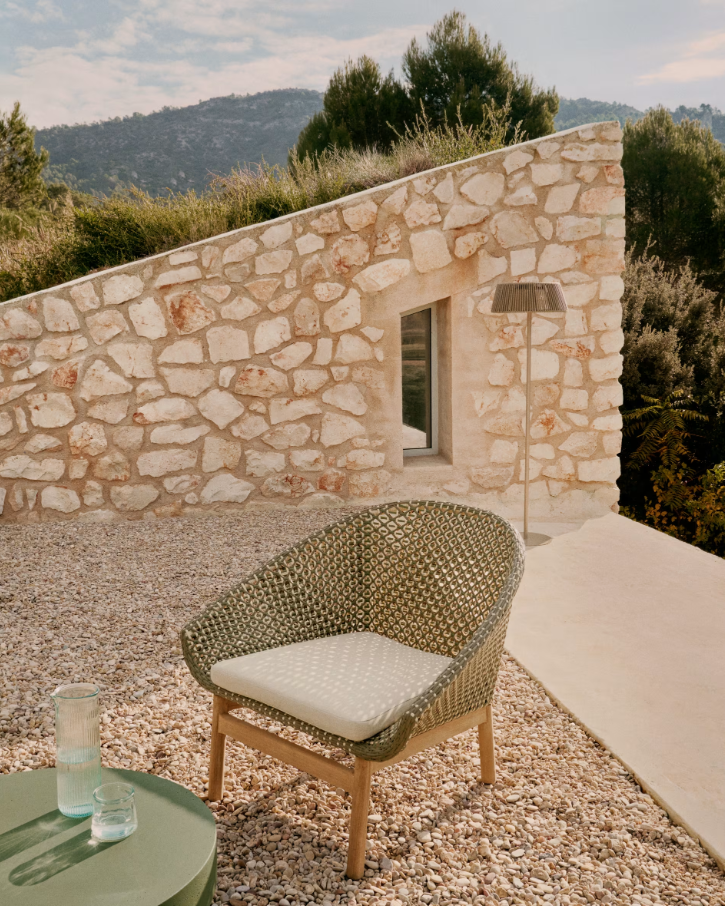 External armchair low glink teke wood with rattan seat