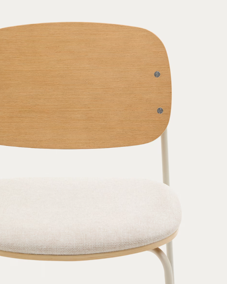 A chair of mela, poplar plywood with a beige szenil seat