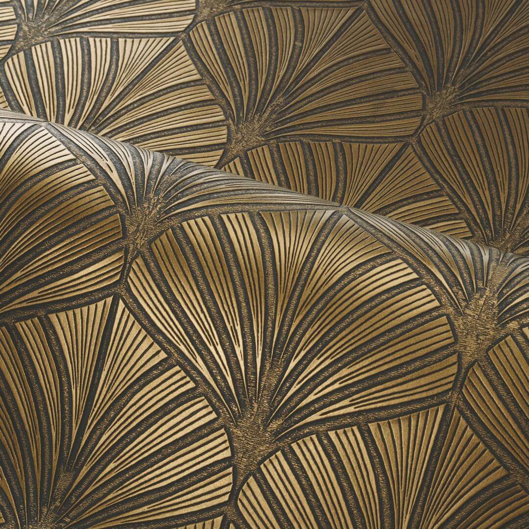 Metallic wallpaper with a plant motif NEREIDES - NOIR/DORÉ black with gold