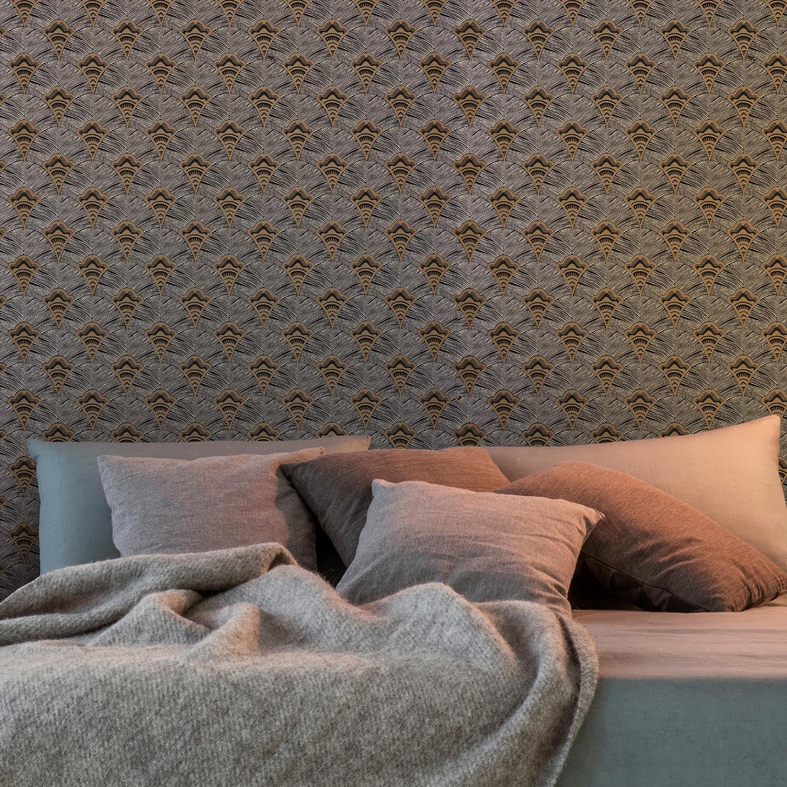 Structural wallpaper with an abstract fan pattern ADENIUM - MARINE/PIERRE BLEUE brown with blue