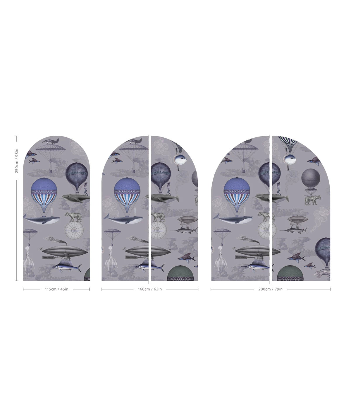 Wandbild für Kinder in Bogenform VINTAGE BALLOONS lila mit Blau