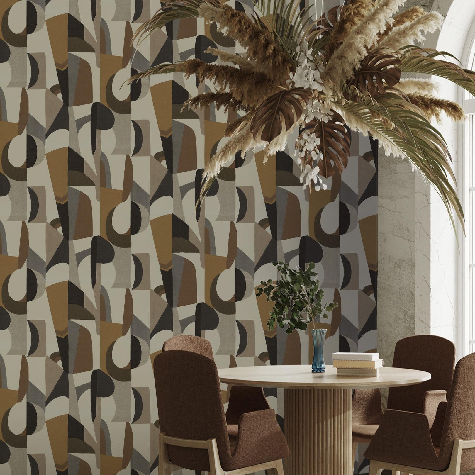 Structural wallpaper with abstract pattern ASSEMBLAGE - WHITE/CHOCOLATE white with chocolate