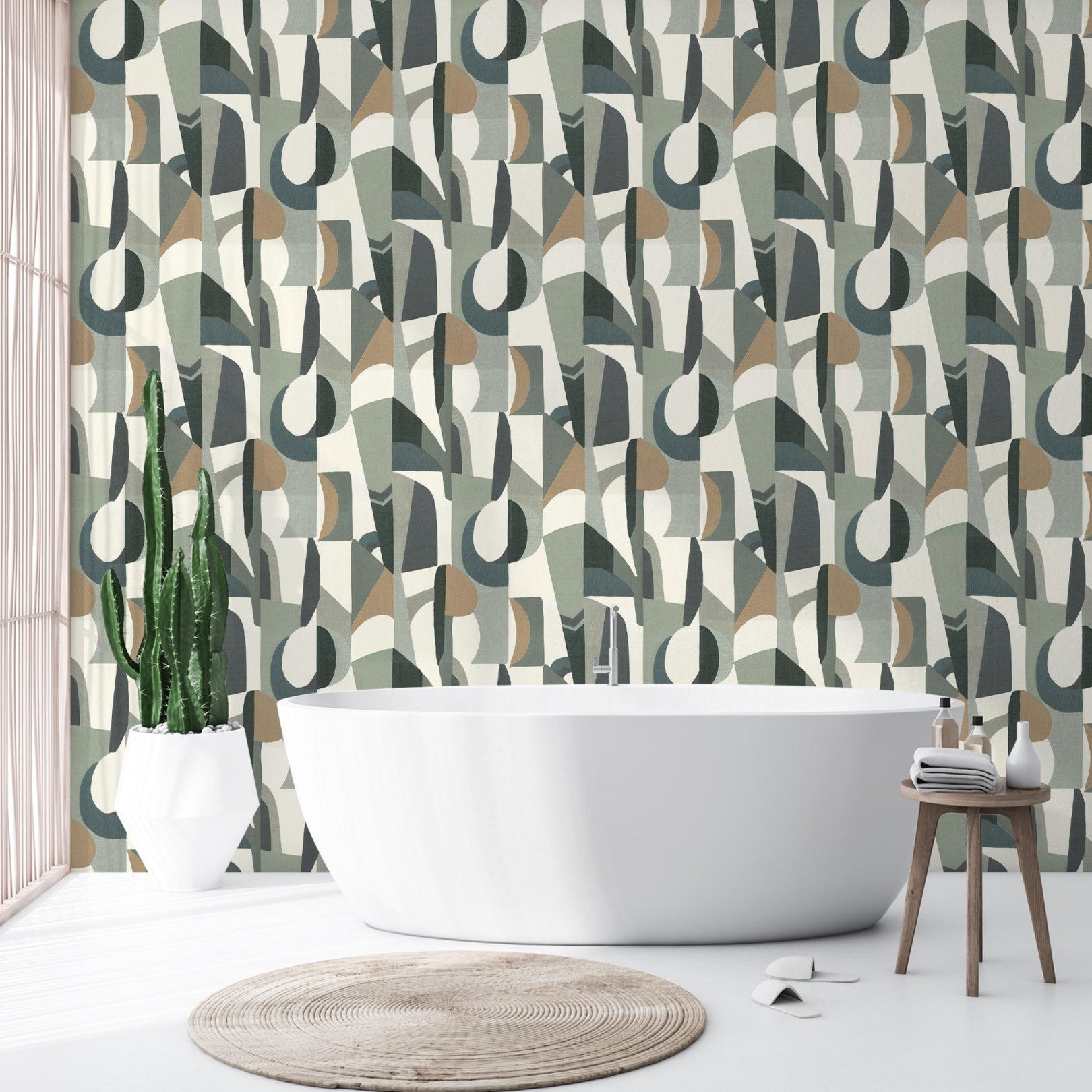 Strukturierte Tapete mit abstraktem Muster ASSEMBLAGE - BLANC/VERT CELADON weiß mit seledin