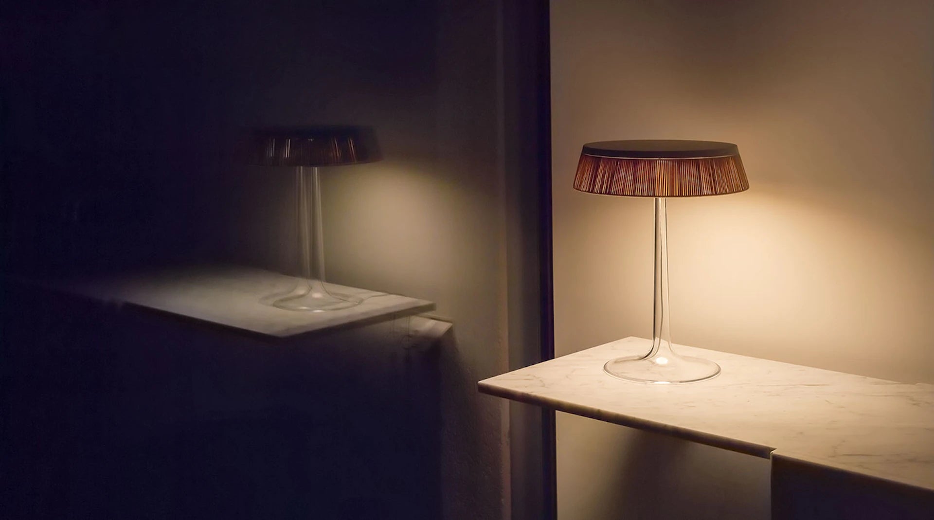 BON JOUR chrome table lamp with rattan shade