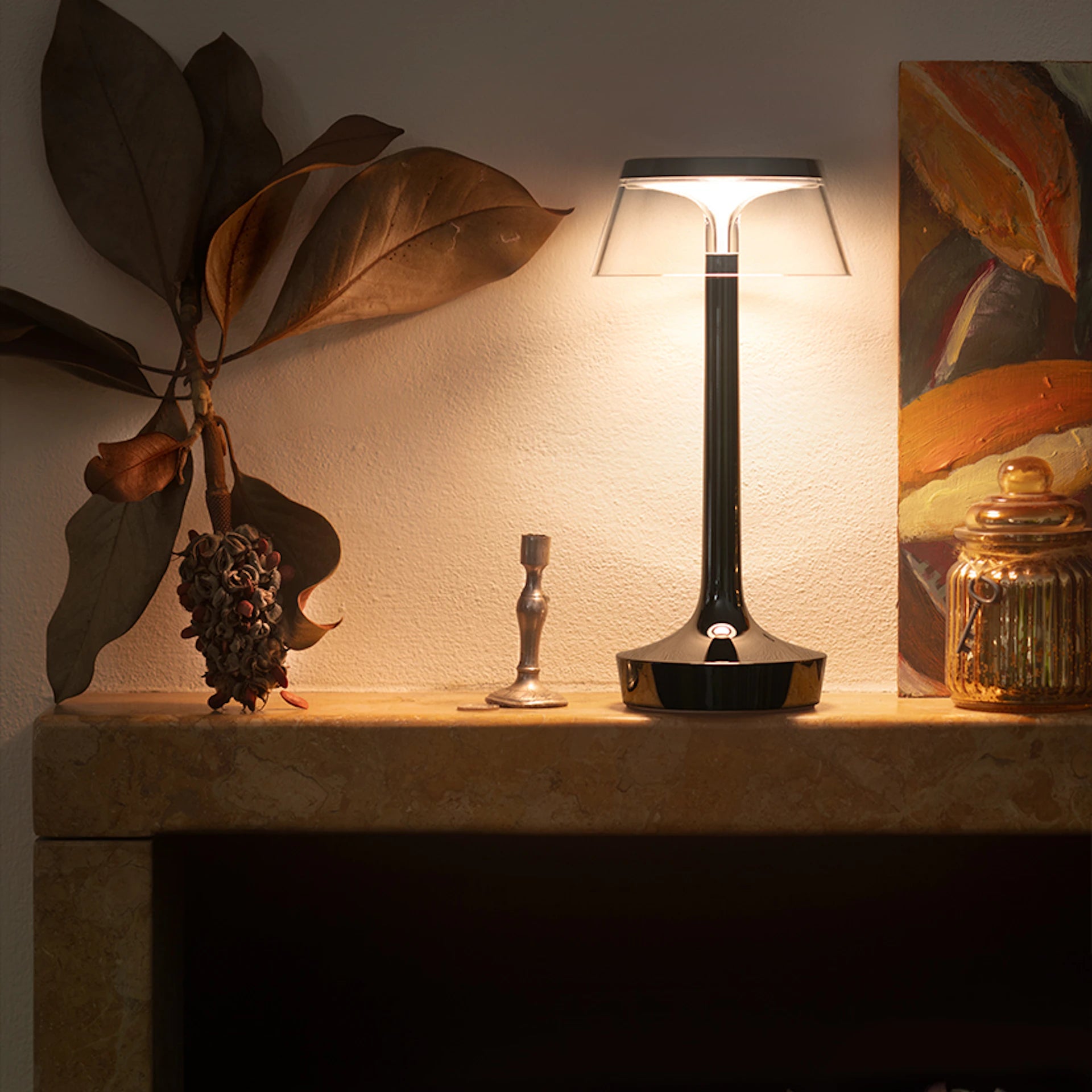 Tragbare Lampe BON JOUR UNPLUGGED schwarz verchromt mit transparentem Schirm