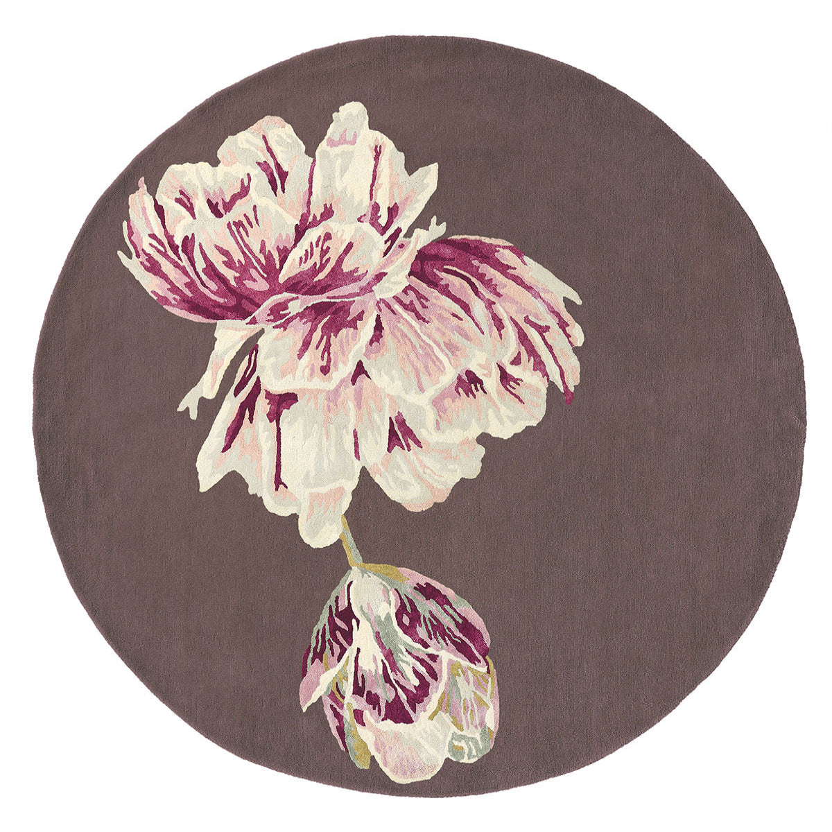 Runder Teppich TRANQUILITY ROUND AUBERGINE mit braunen und rosa Blumen [Monika] [Amelia spr]