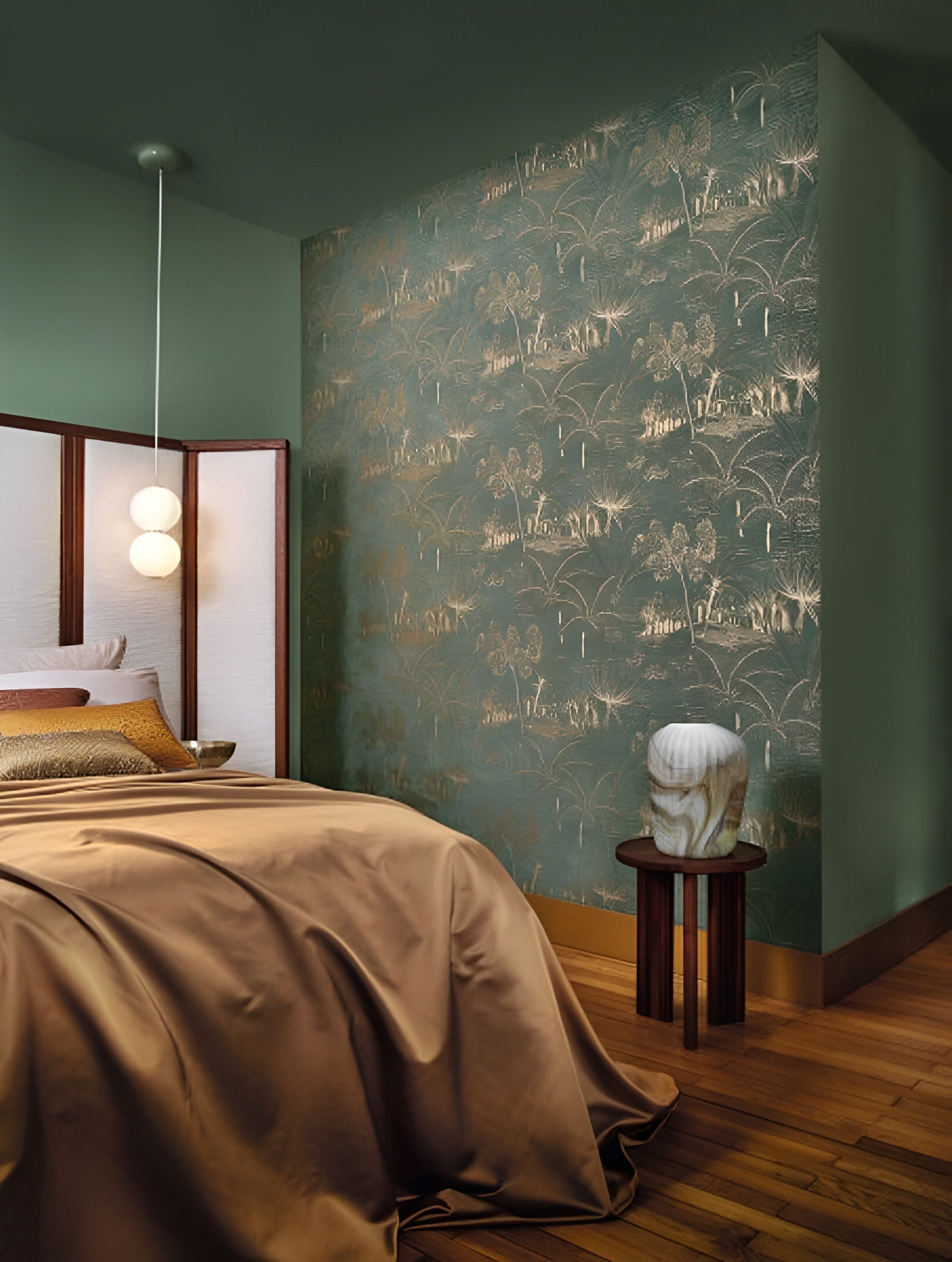 Tapete mit Landschaftsdesign und Pflanzenmotiv BAHARIA - VERT DE GRIS/DORE grün mit Gold