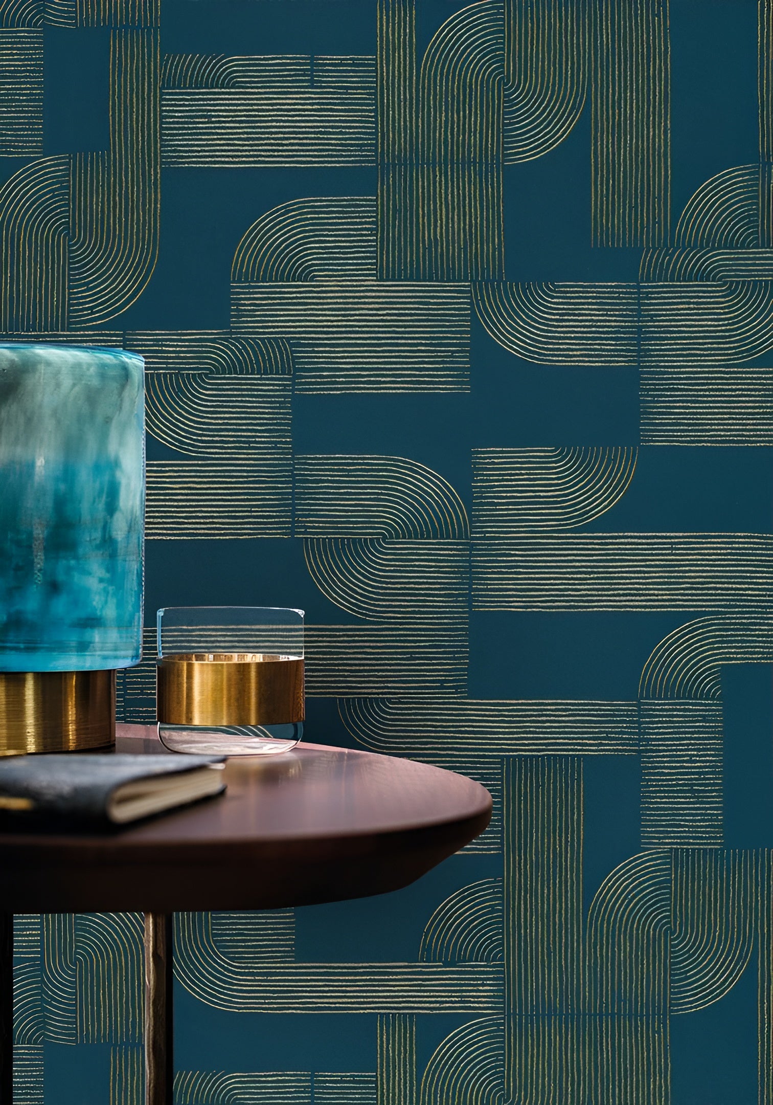 HECTOR Wallpaper with Geometric Pattern - PETROLE/DORE Navy Blue with Gold