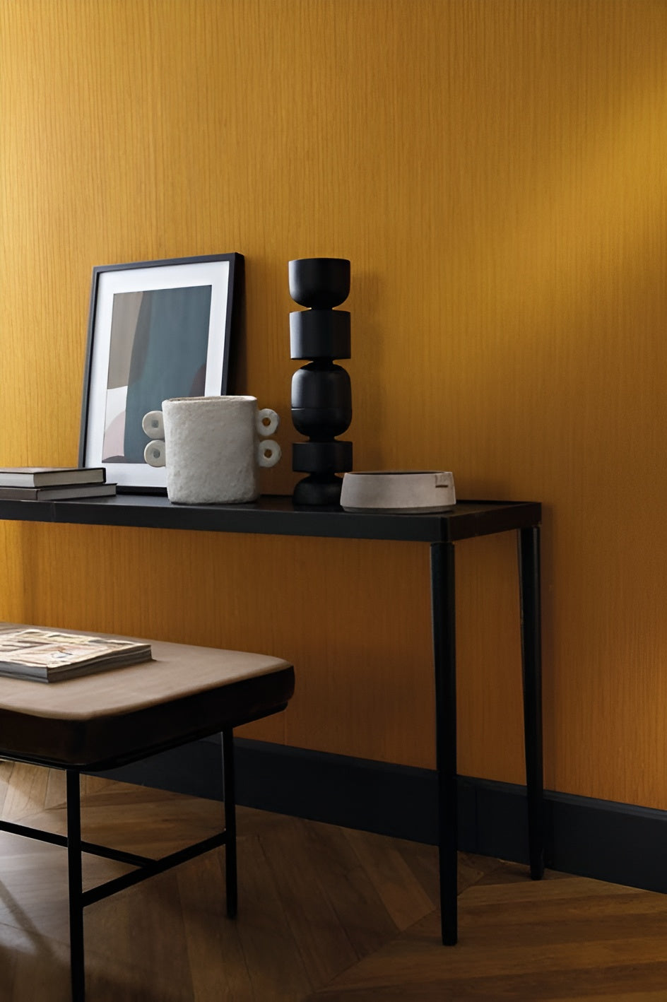 Strukturierte Textiltapete mit vertikalen Streifen JUSSIEU - CURRY dunkelgelb