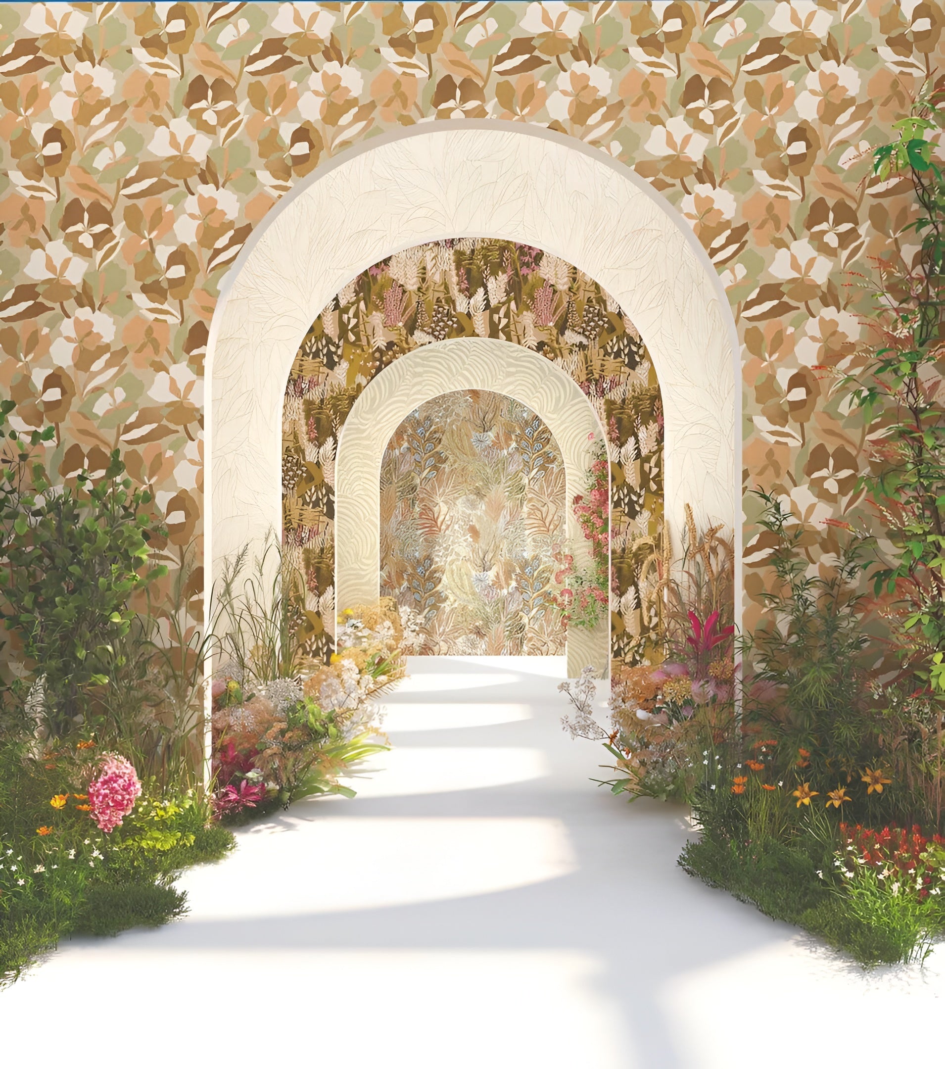 Non-woven wallpaper with a plant motif ERICA - VERT MOUSSE/BLUSH peach