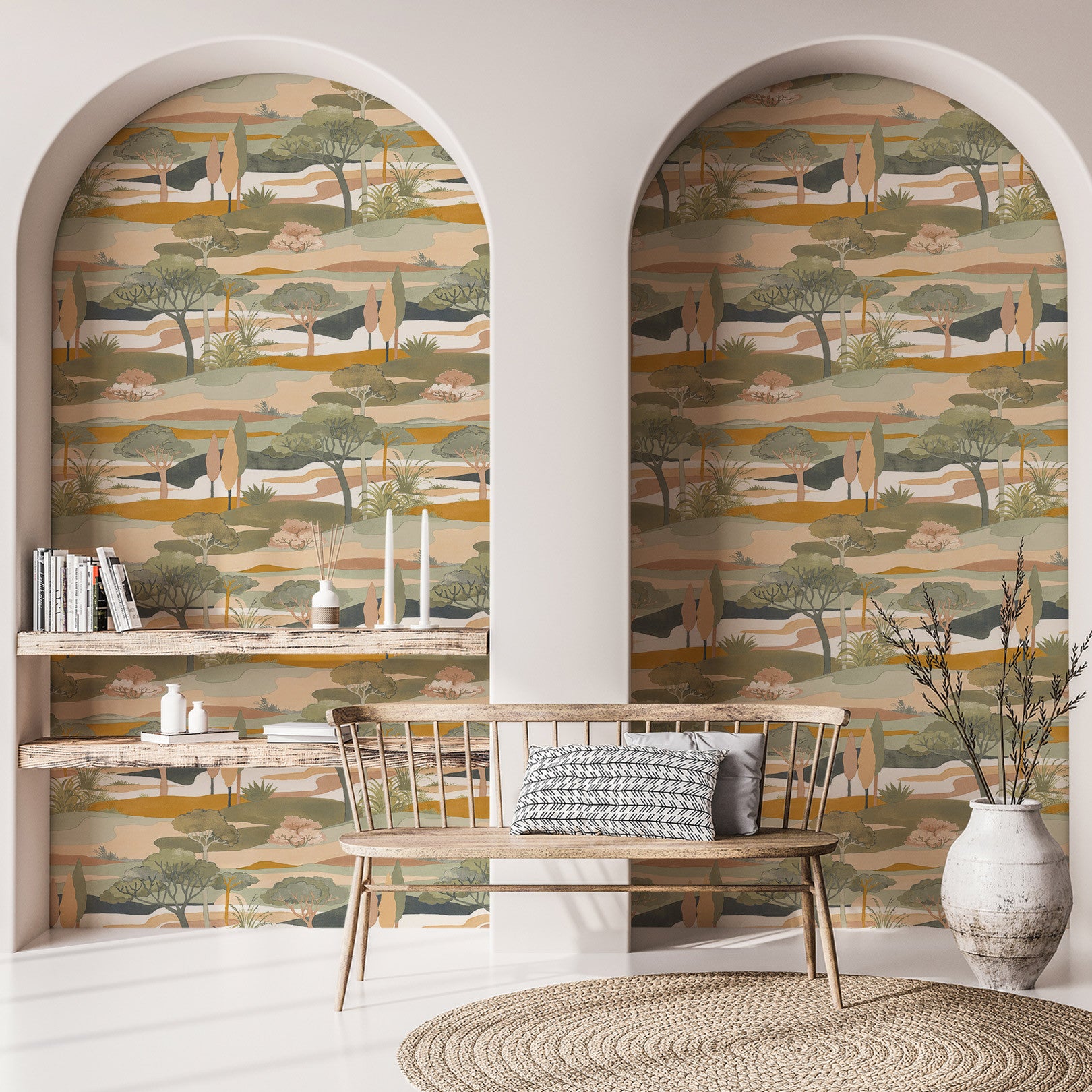 Tapete mit Landschafts- und Pflanzenmotiv CAP FERRET - CÉLADON/AMBRE, mintgrün mit Gold