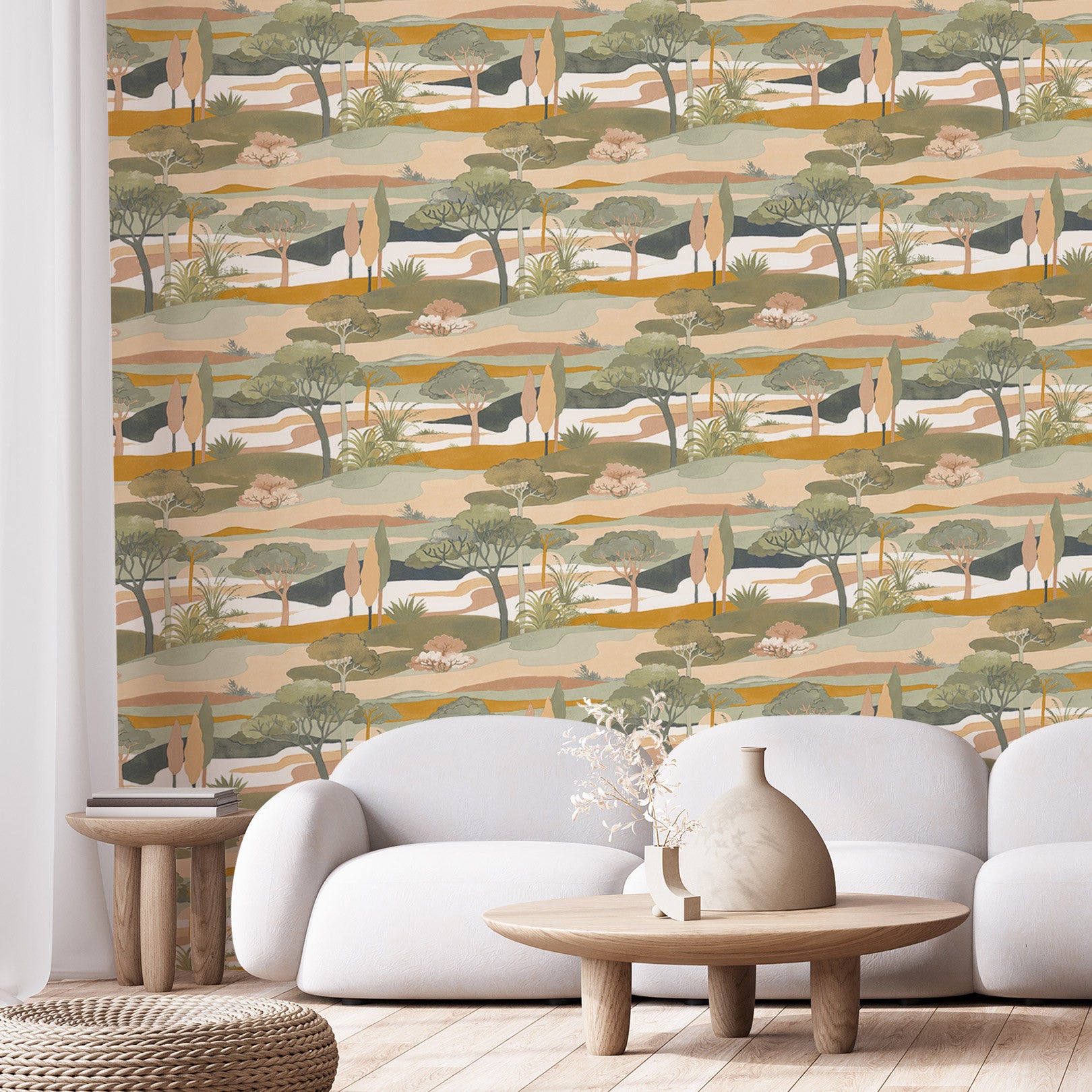 Tapete mit Landschafts- und Pflanzenmotiv CAP FERRET - CÉLADON/AMBRE, mintgrün mit Gold