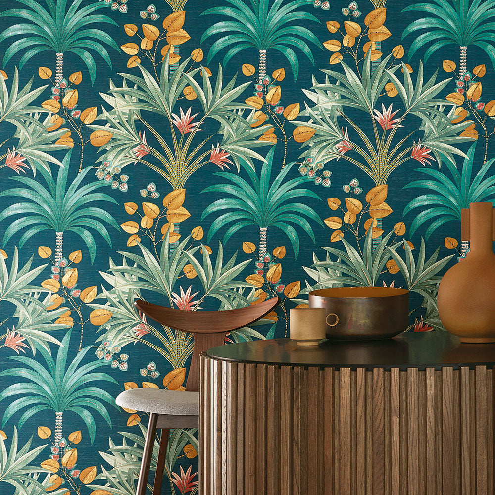 Strukturierte Tapete mit Pflanzenmotiv Palme MIRISSA - AMBRE/BLUSH bernsteinfarben mit Rosa