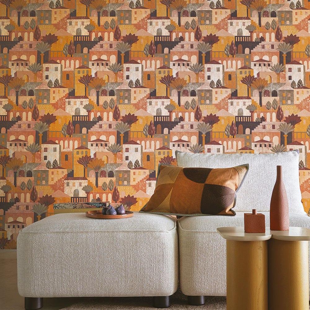 Structural wallpaper with the cityscape of MONTEROSSO - SABLE/MORDORE beige with brown