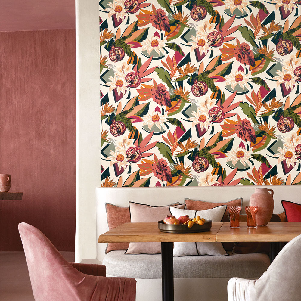 Structural wallpaper with a botanical motif SALVADOR - PETROLE/BLUSH green with pink