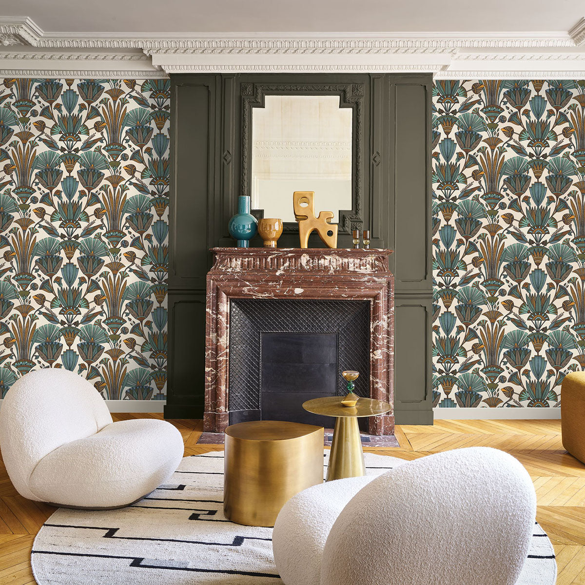 DENDERAH Floral Pattern Wallpaper - NOIR/MULTICO Black with Gold
