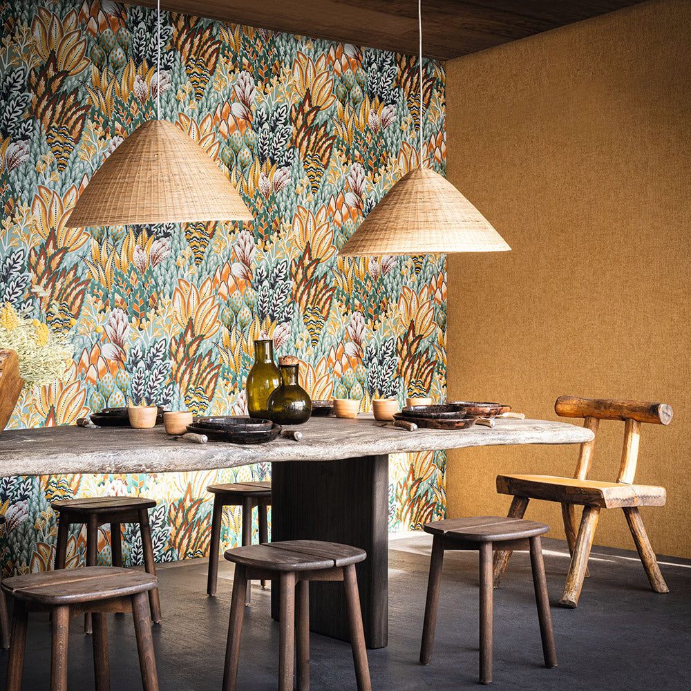 Structural wallpaper with a botanical motif AVICENNIA - NOIR/TOPAZE blue with brown
