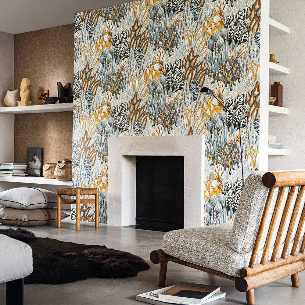 Structural wallpaper with a botanical motif AVICENNIA - NOIR/TOPAZE blue with brown