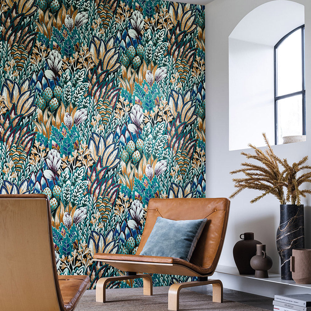 Structural wallpaper with a botanical motif AVICENNIA - NOIR/TOPAZE blue with brown