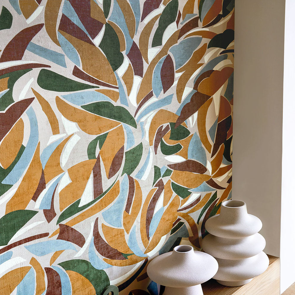 Structural wallpaper with an abstract geometric pattern COLLAGE - GREGE/MUSTARD green with mustard